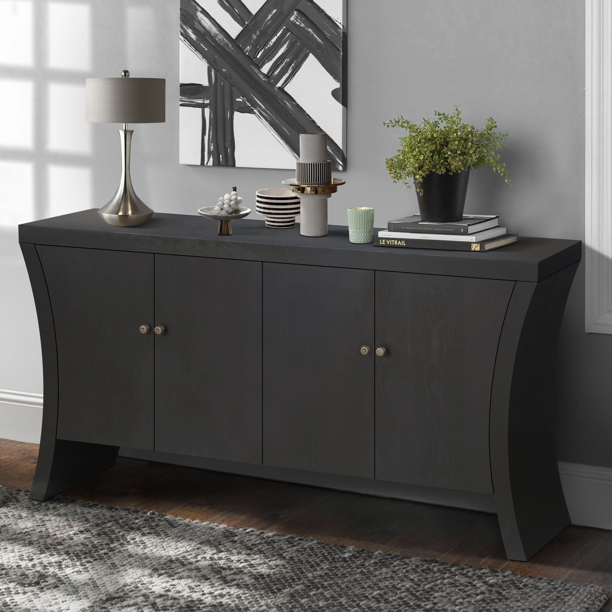 Refined Industrial 4 Door Credenza With Arc Legs & Bronze Clasps