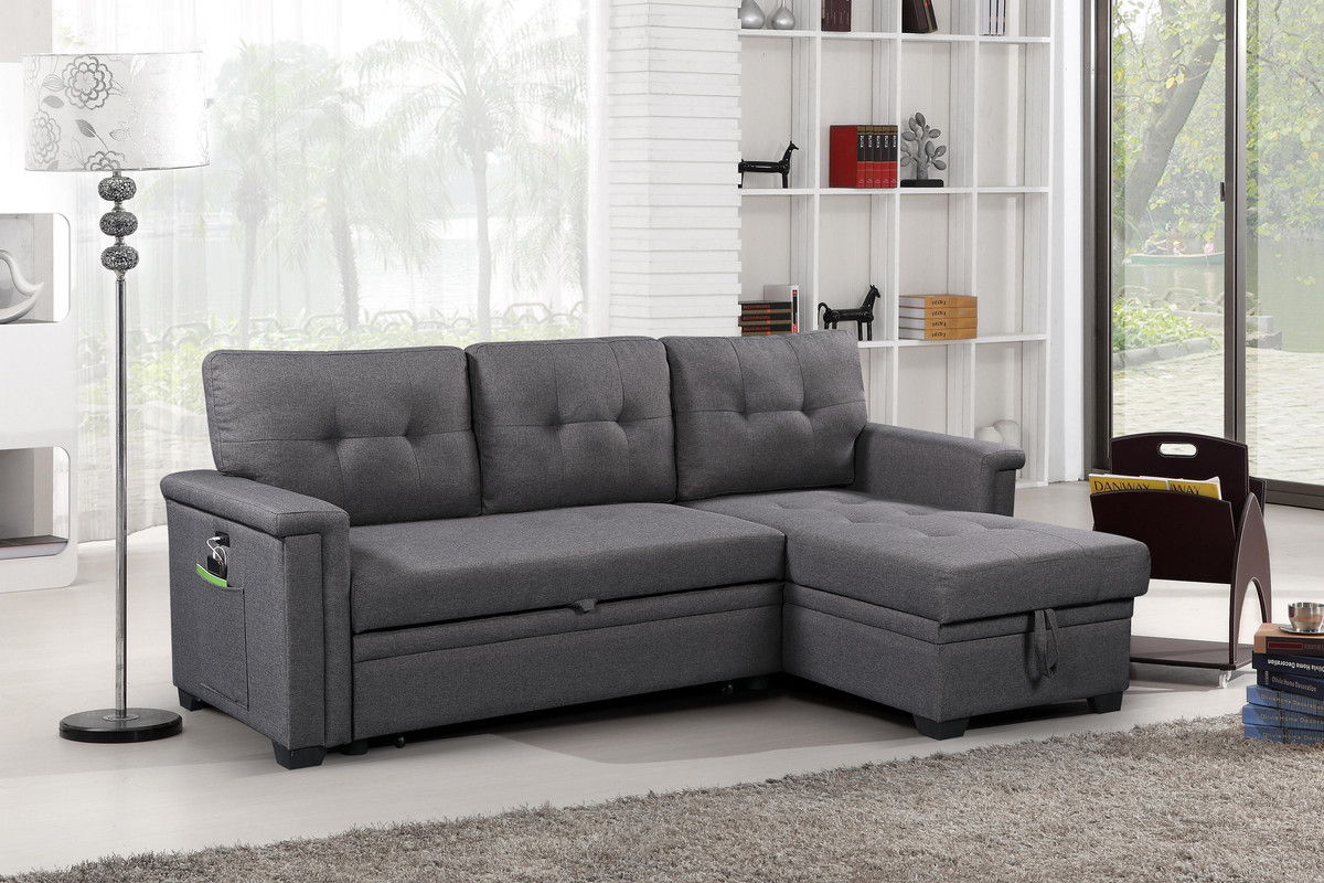 Ashlyn 84"W Dark Gray Reversible Sleeper Sectional Sofa with Storage Chaise, USB Charging Ports and Pocket