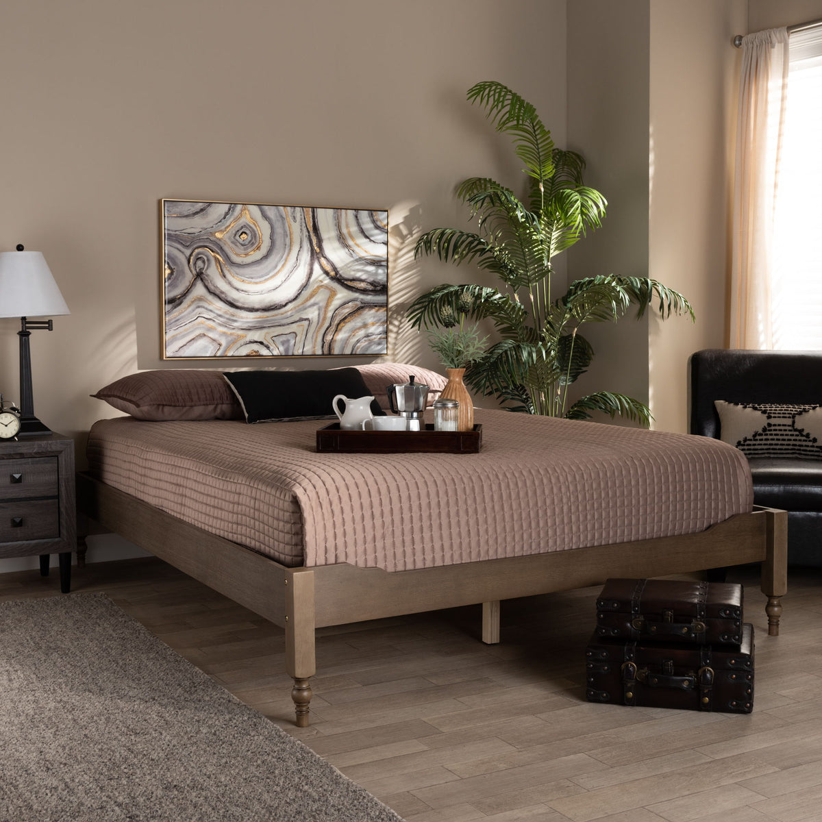Laure French Bohemian Weathered Grey Oak Finished Wood Queen Size Platform Bed Frame