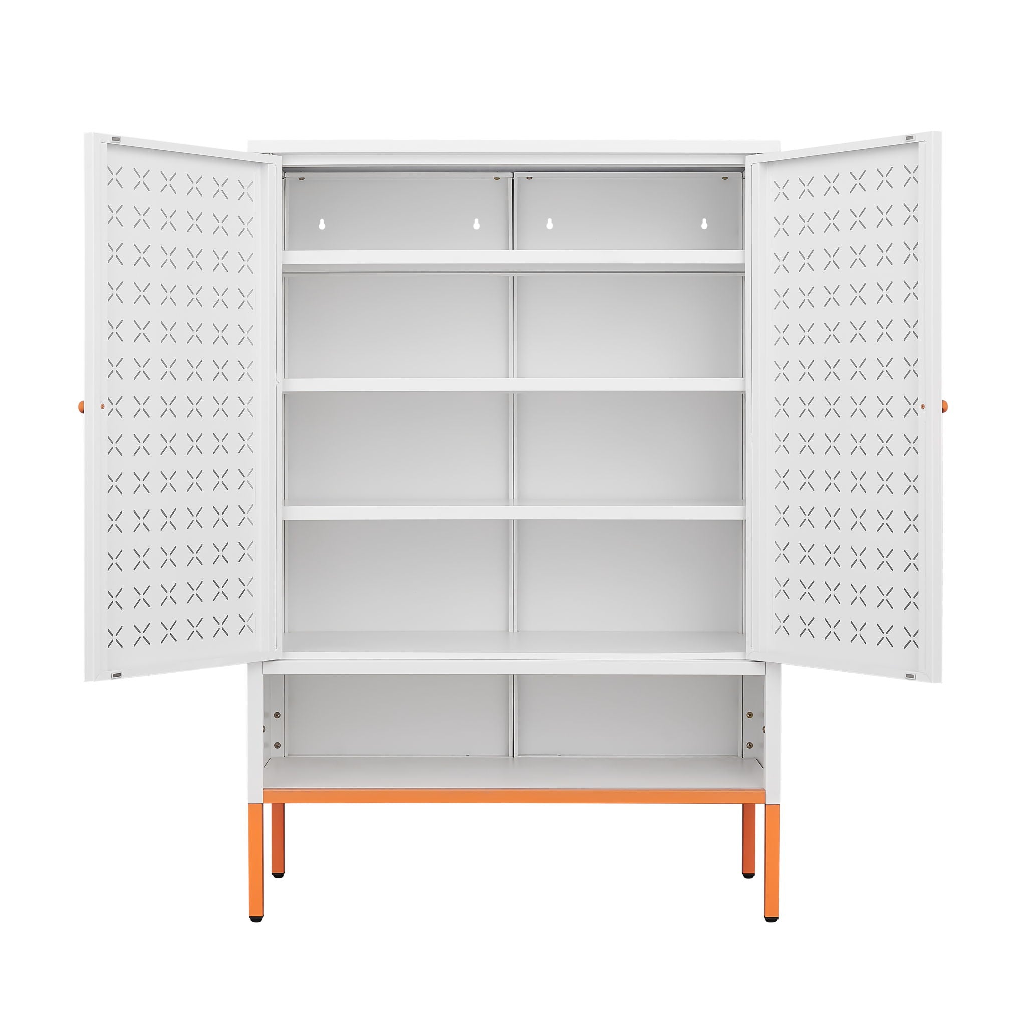 Grid Double Door Shoe Cabinet With Adjustable Compartments And Moisture-Proof Design In White Metal
