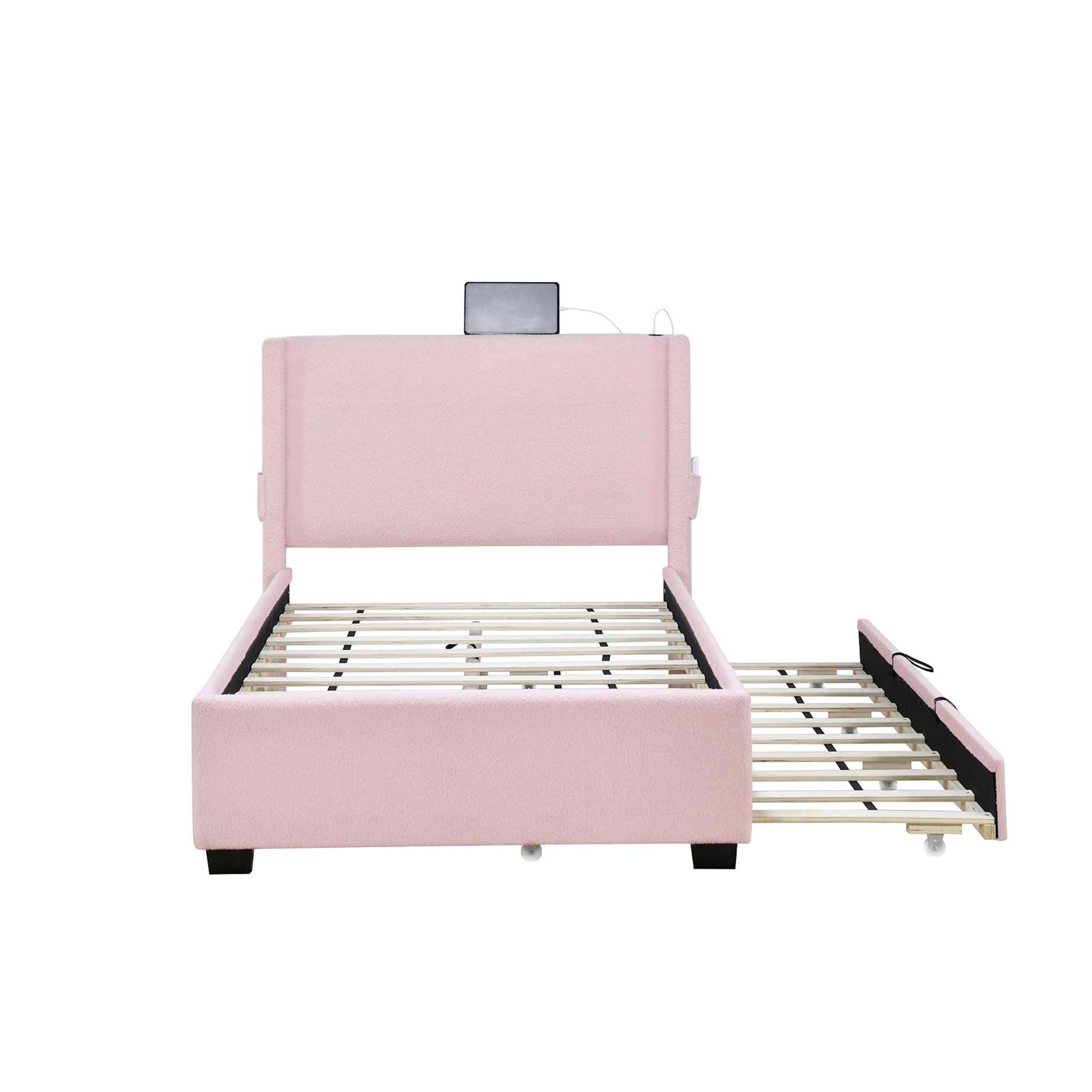 Twin Size Upholstered Bed Frame With Trundle Bed, Teddy Fabric, USB Functionality, And A Pocket Design On The Side Of The Headboard For Storing Small Items - Baby Pink
