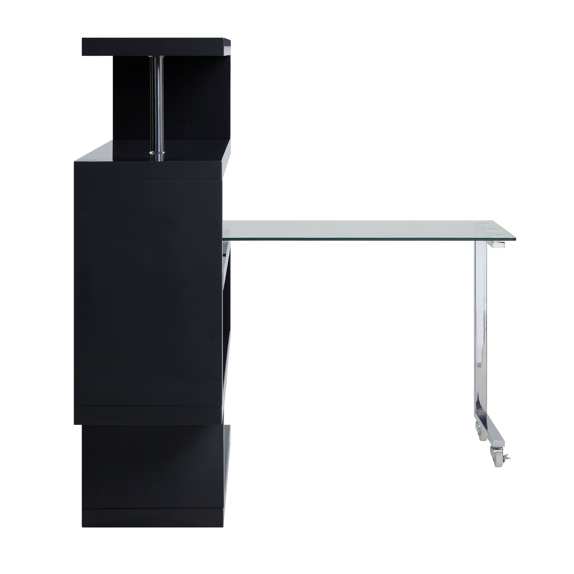 ACME Writing Desk w/Swivel Function 360 Open Storage: 4 Shelves Clear Glass Desk Top High Gloss Finish 2 Wheels Included | Meri Furniture
