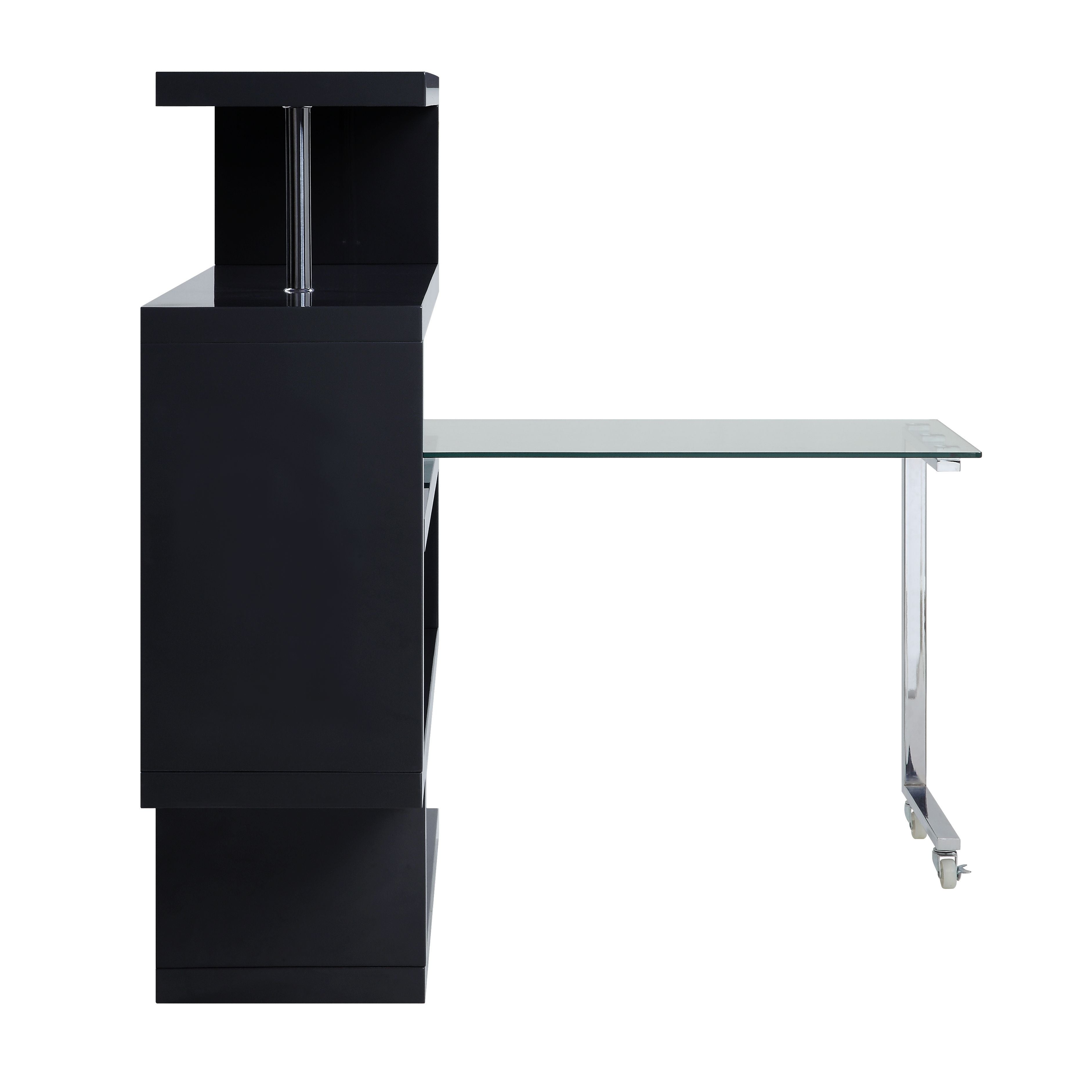 ACME Writing Desk w/Swivel Function 360 Open Storage: 4 Shelves Clear Glass Desk Top High Gloss Finish 2 Wheels Included | Meri Furniture
