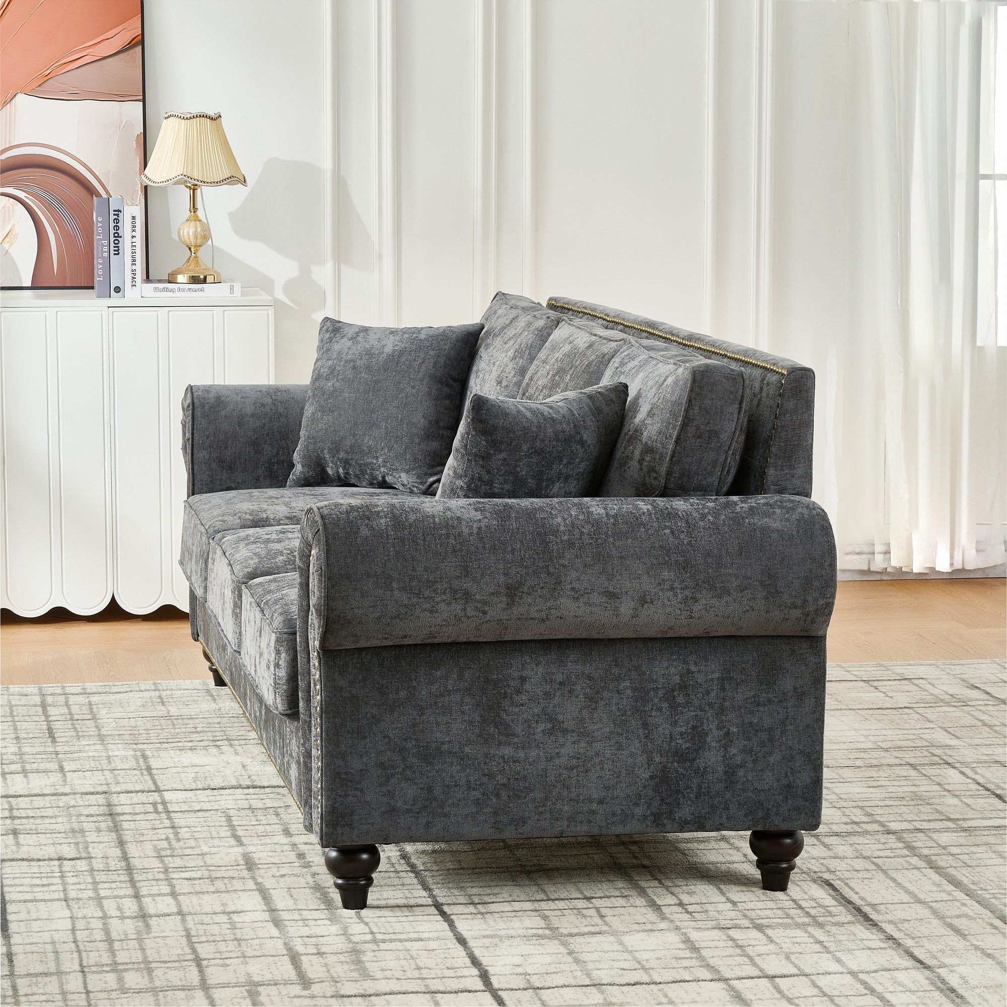 3 Seater Sofa With Tufted Upholstery, Rolled Arms, Nailhead Trim