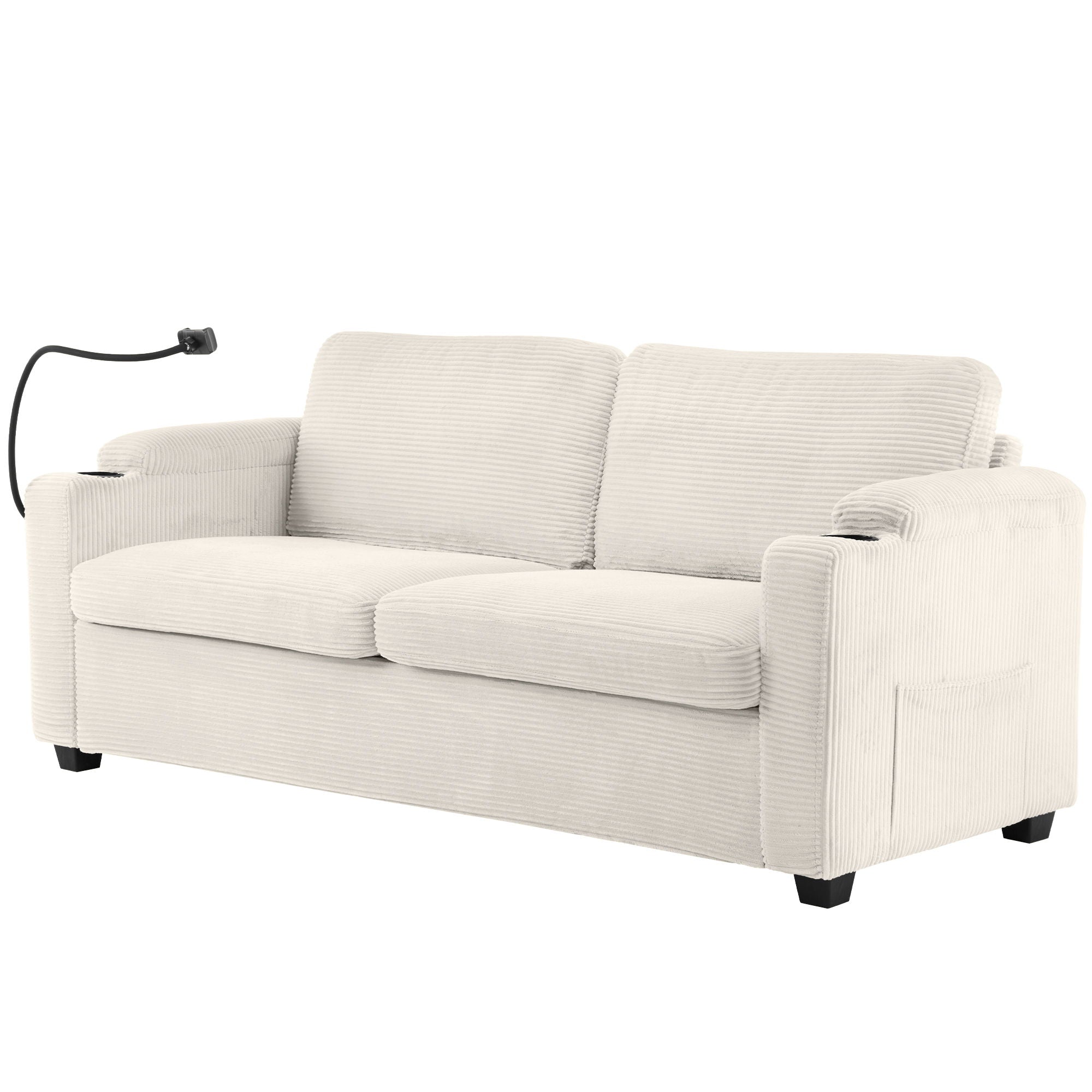 Corduroy Sleeper Sofa Loveseat Sofa With Full Size Mattress, 2 USB Ports, 2 Cup Holders, 2 Side Pockets And Phone Holder