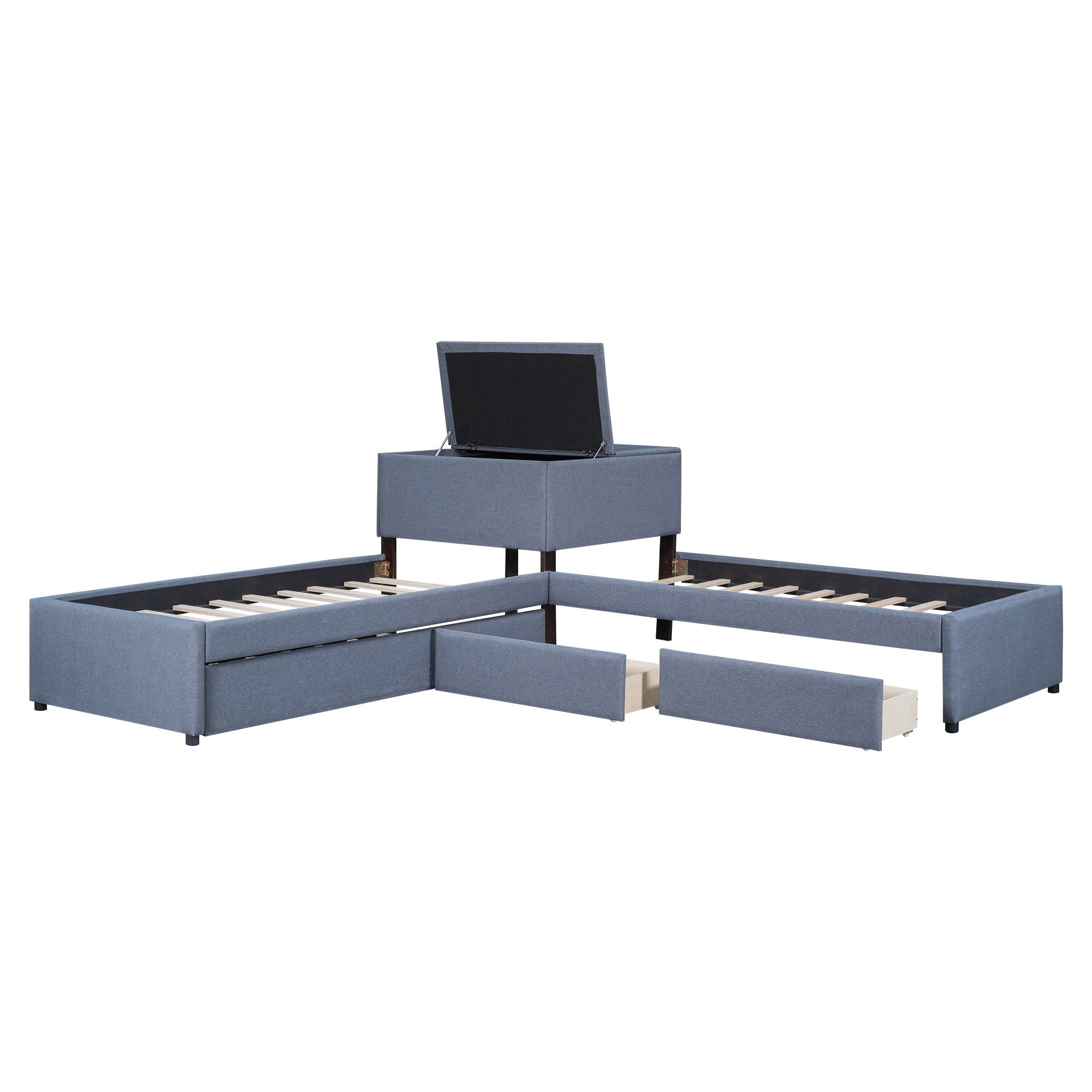 L Shaped Upholstered Platform Bed With Trundle And 2 Drawers Linked With Built In Desk