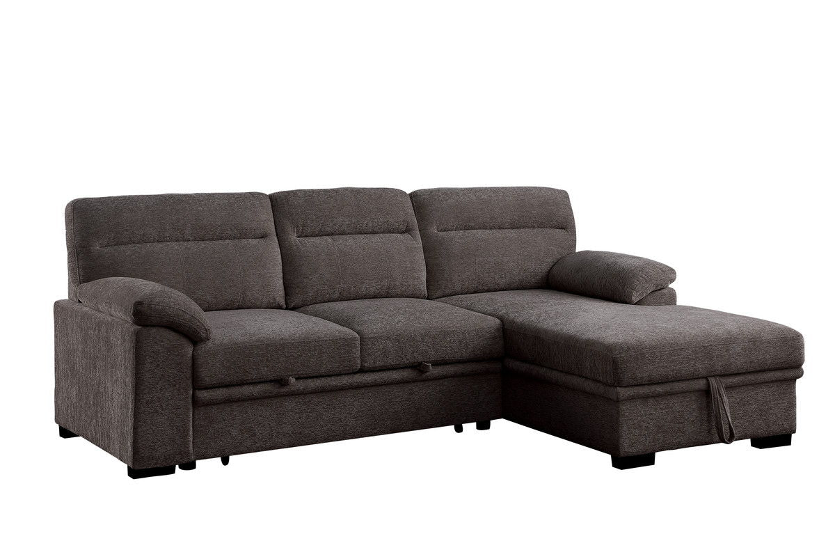 Kipling II 94"W Brown Chenille Fabric Sleeper Sectional Sofa with Right-Facing Chaise, Cupholders, USB Charging port