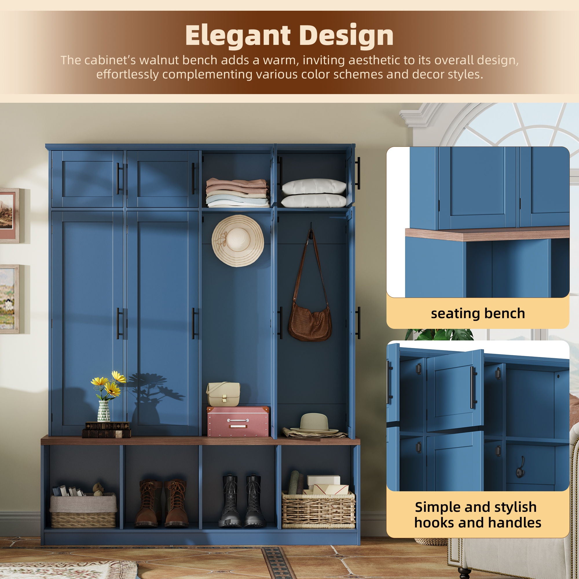 Farmhouse Hall Tree With 4 Hidden Hanging Hooks And 8 Doors