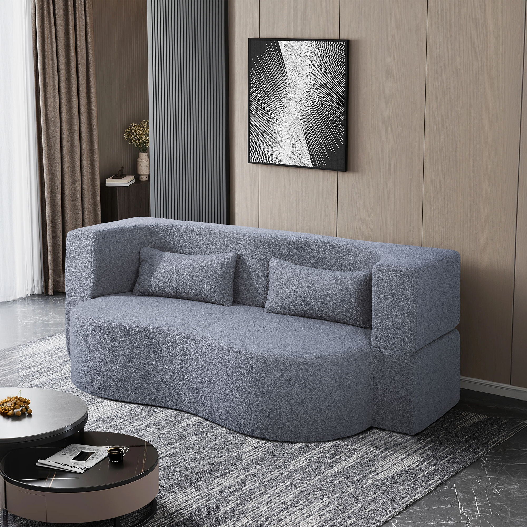 2 In 1 Convertible Full Size Folding Loveseat Couch With Soft Teddy Fabric