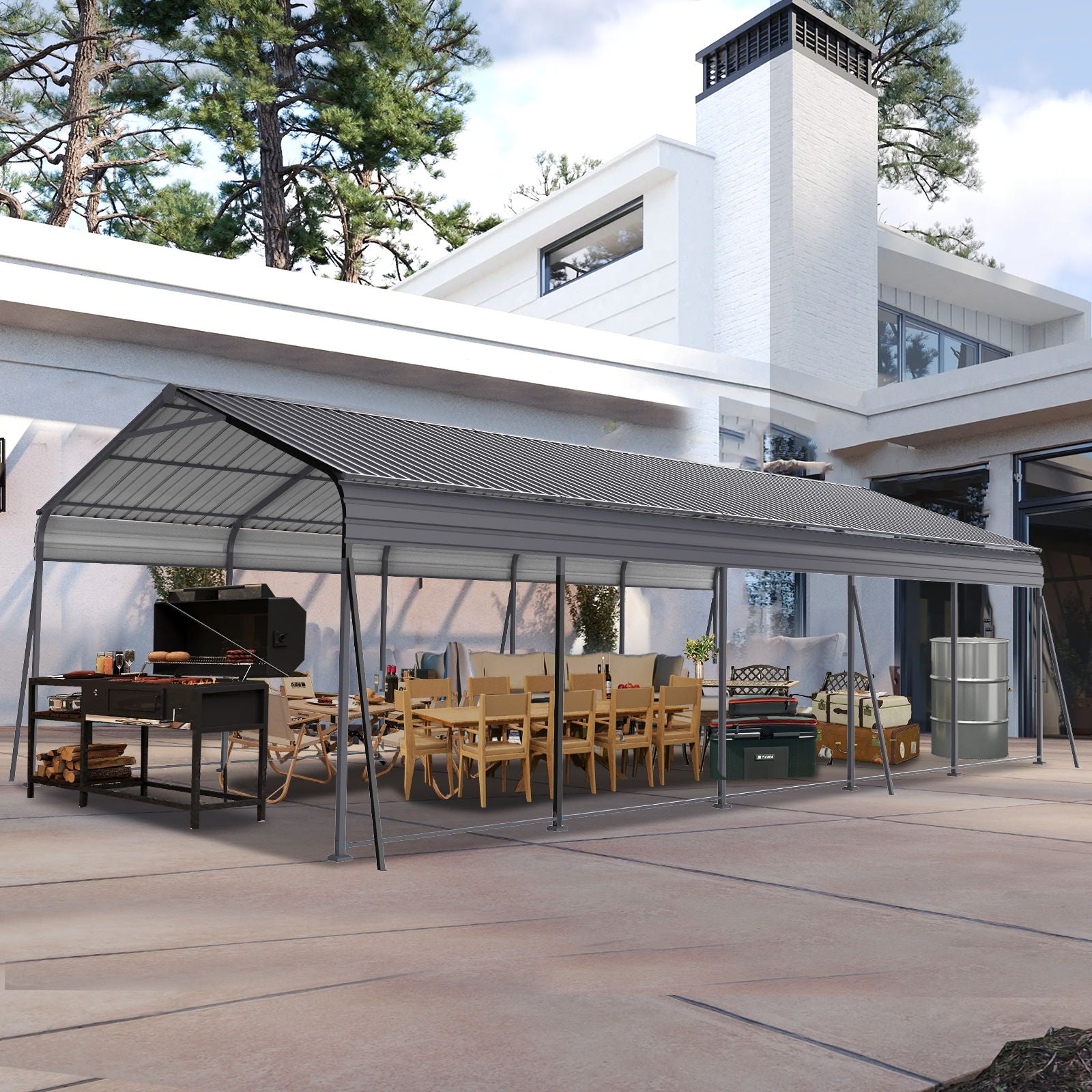 Metal Carport 13 X 26.5 Ft Heavy Duty With Galvanized Steel Roof Metal Garage Canopy With Galvanized Steel Roof & Frame Car Tent Outdoor Storage Shed For Car Boats And Truck - Gray