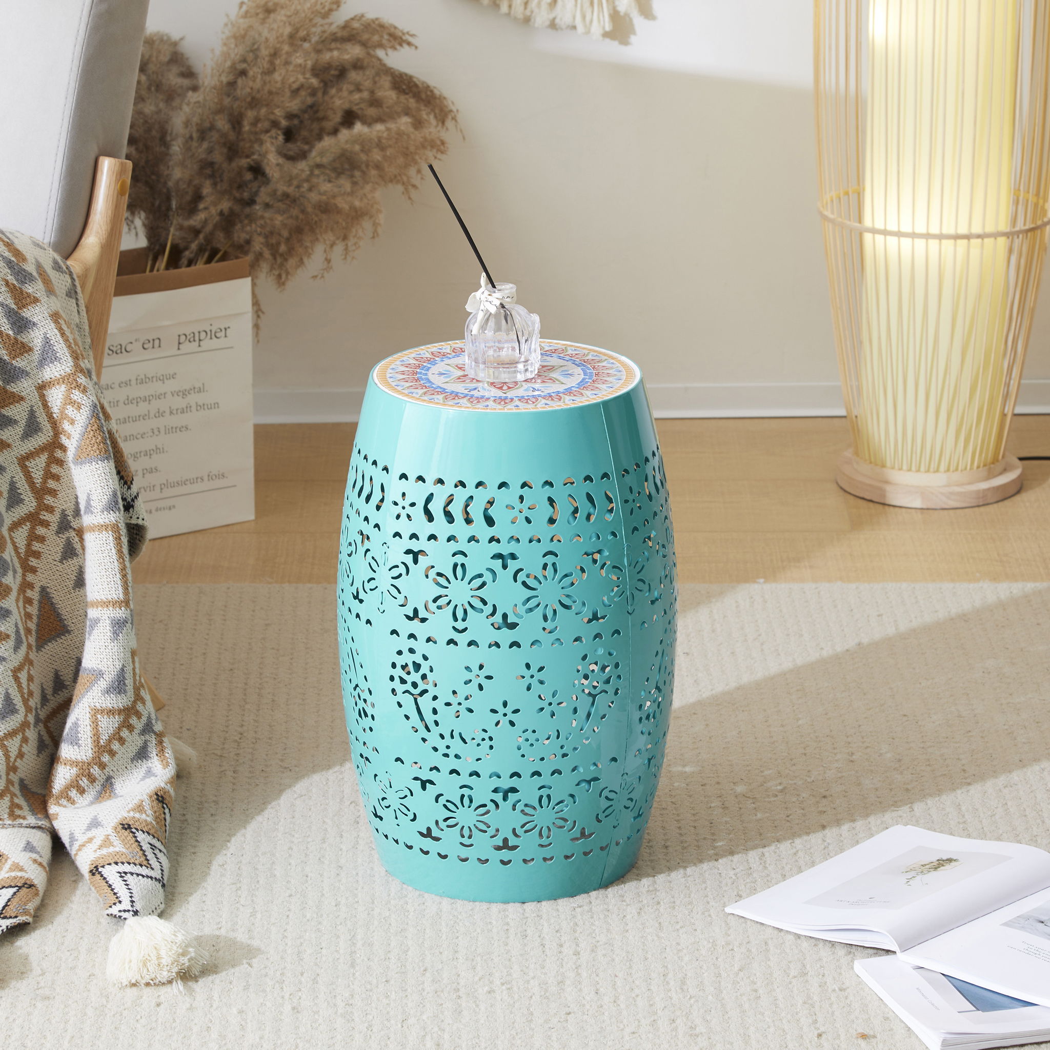 Ruby - Boho Mosaic Side Table With Ceramic Tile Top