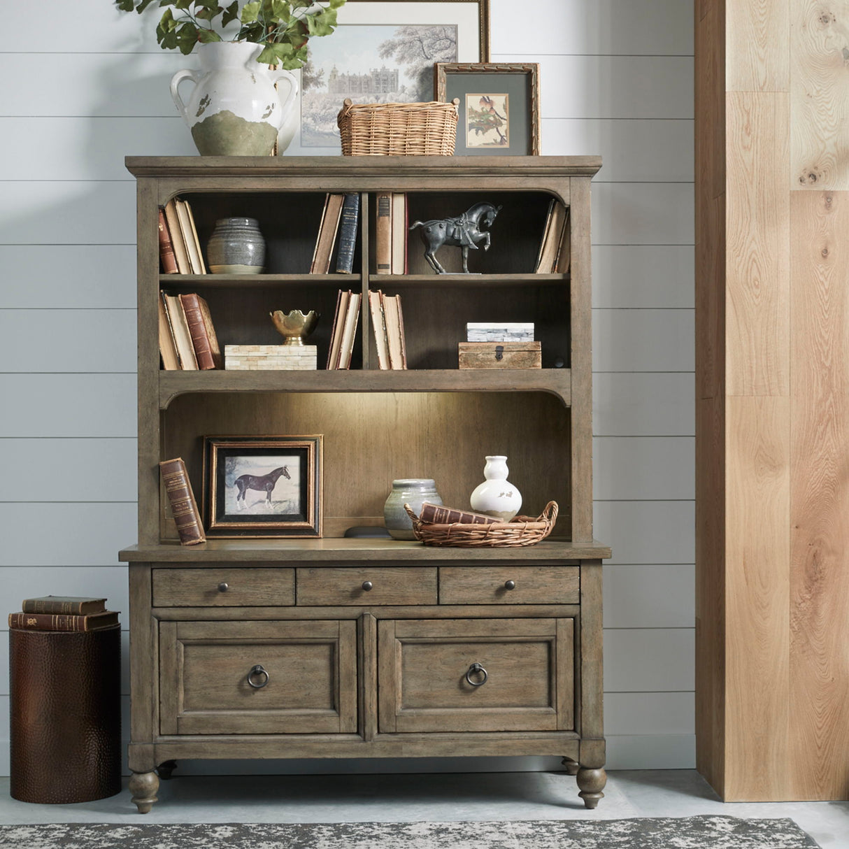 Americana Farmhouse - 3 Piece Home Office Set (Desk & Hutch) - Light Brown