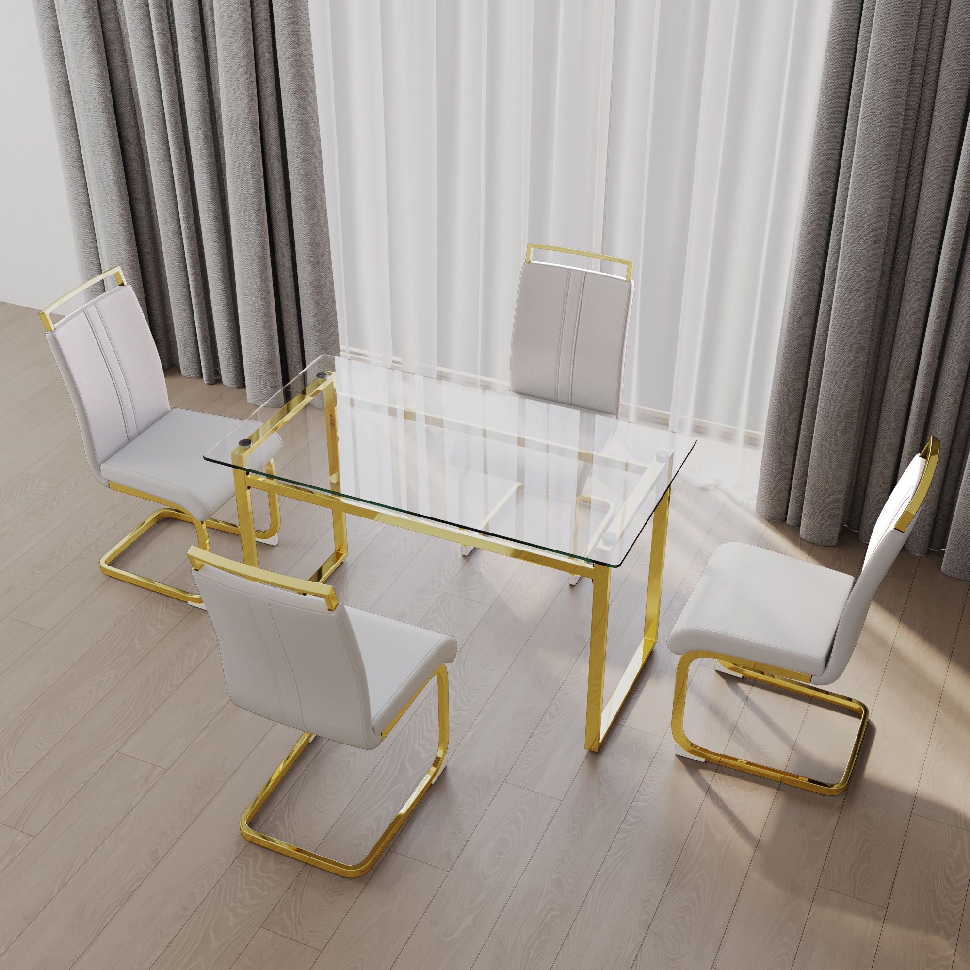 Modern Glass Dining Table Set For 4 With Golden Plating Legs And Chairs - Transparent
