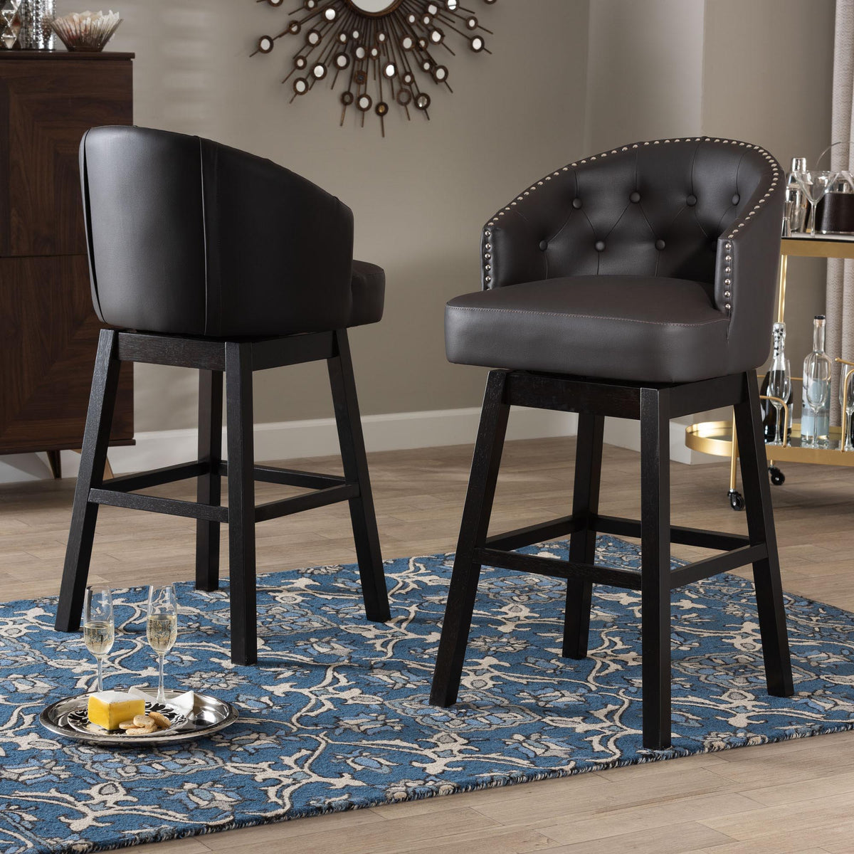 Avril Modern and Contemporary Brown Faux Leather Tufted Swivel Barstool with Nail heads Trim (Set of 2)