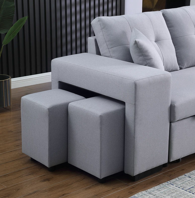 Dennis 93"W Light Gray Linen Fabric Reversible Sleeper Sectional with Storage Chaise and 2 Stools