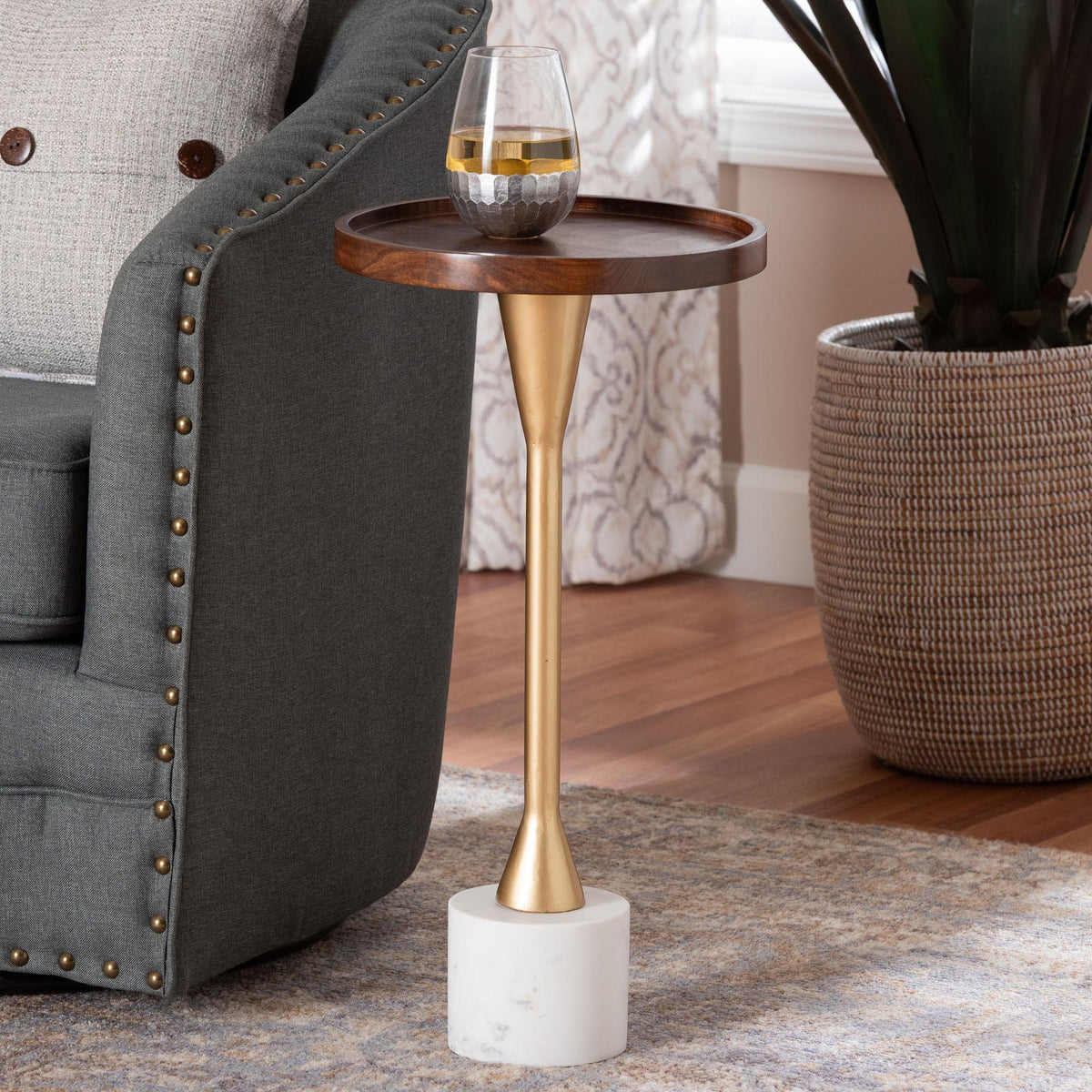 Janaki Drink Table with Marble Base - Compact Pedestal Accent Table with Tray Top for Living Room or Sofa Side