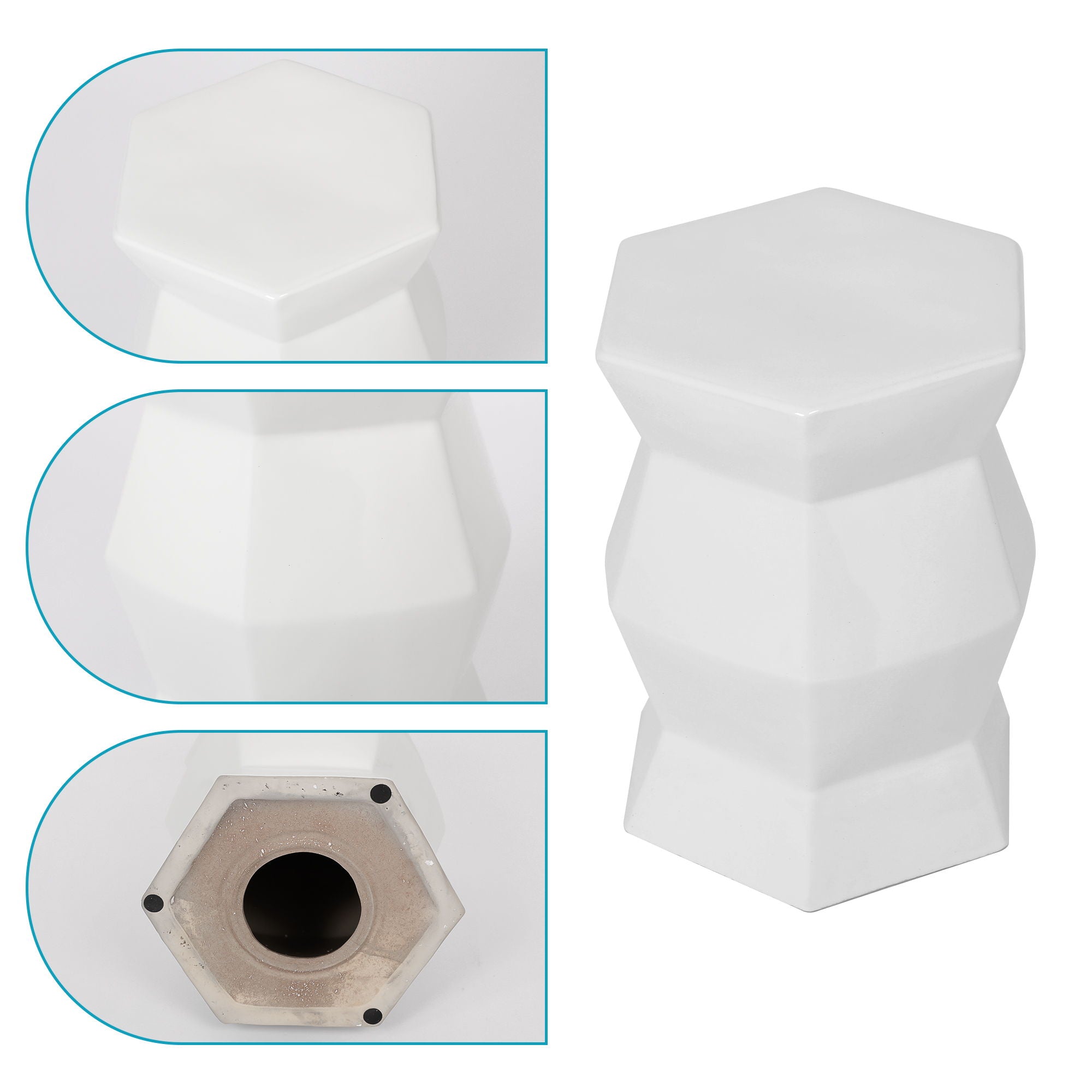 Contemporary Ceramic Drum Stool Indoor / Outdoor Side Table Glazed Accent Garden Stool - White