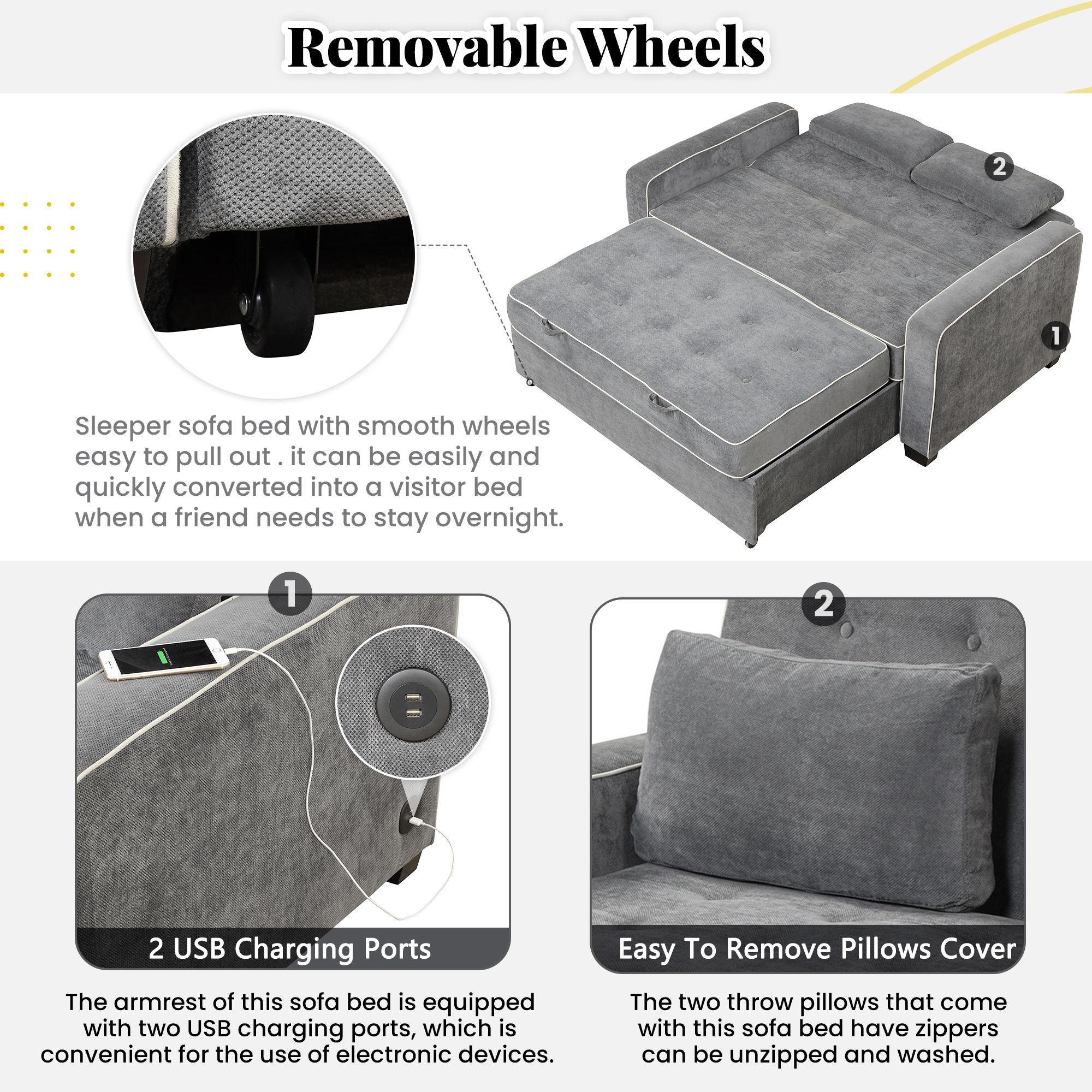 Upholstered Sleeper Bed Sofa With Dual USB Charging, Adjustable Backrest