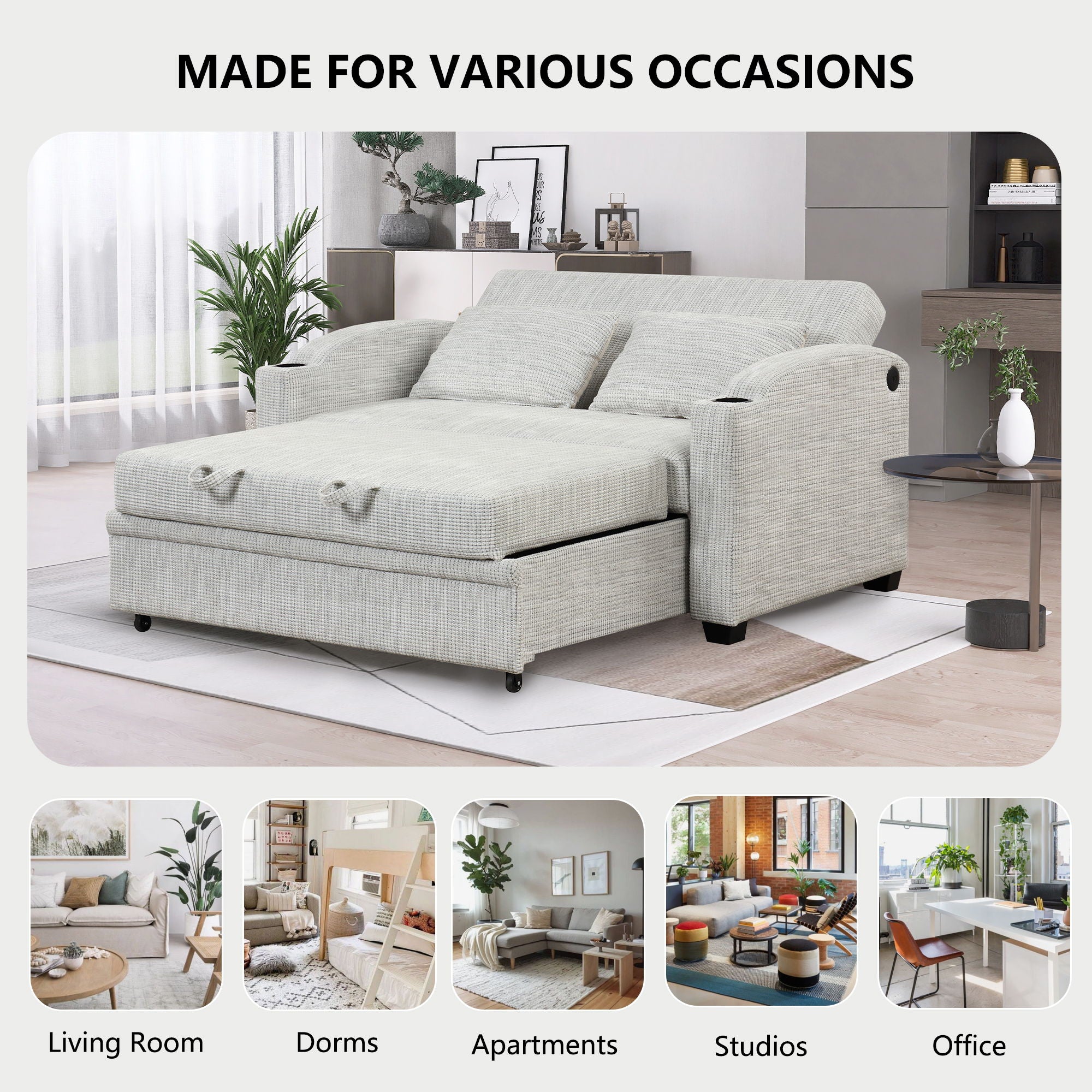 Pull Out Loveseat Sofa With Adjsutable Backrest, 2 Pillows, Cup Holders, USB Ports For Living Room