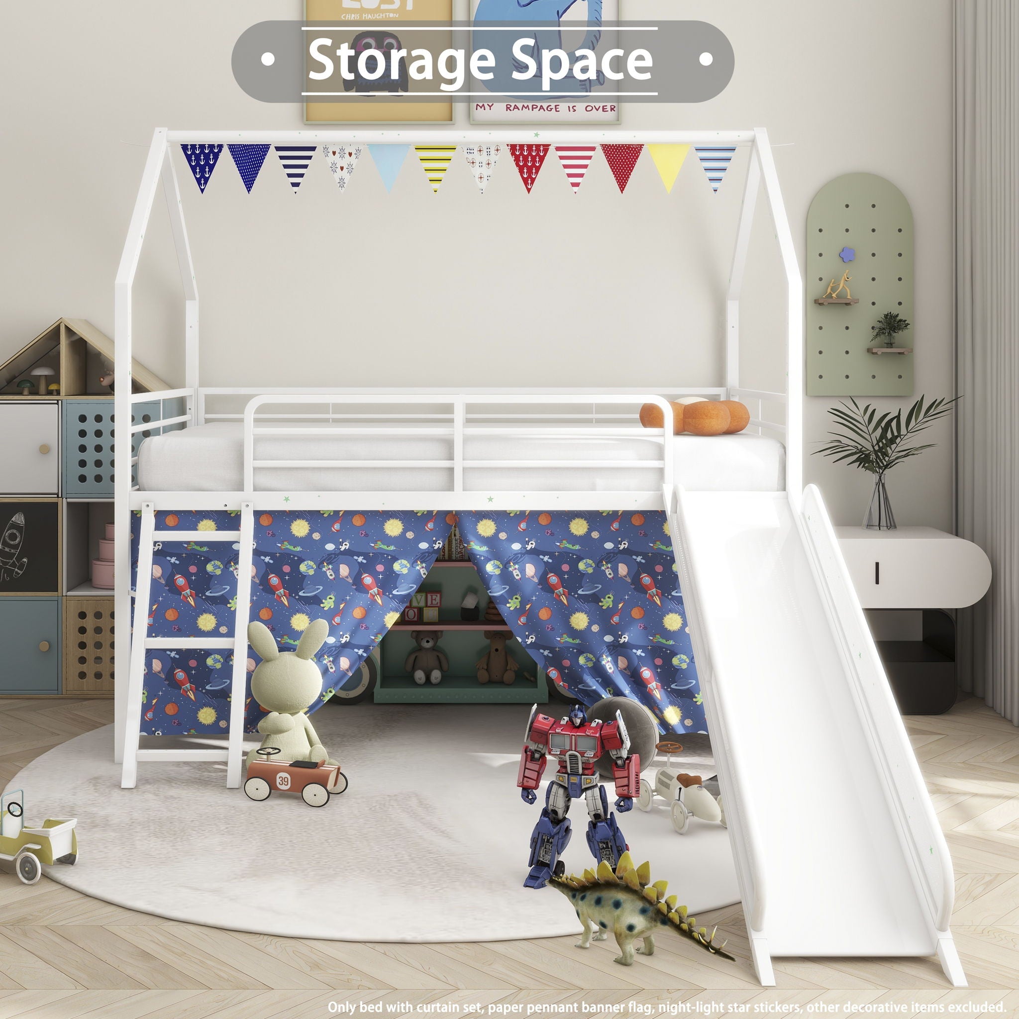 Jack - House Loft Bed With Slide And Curtain Set