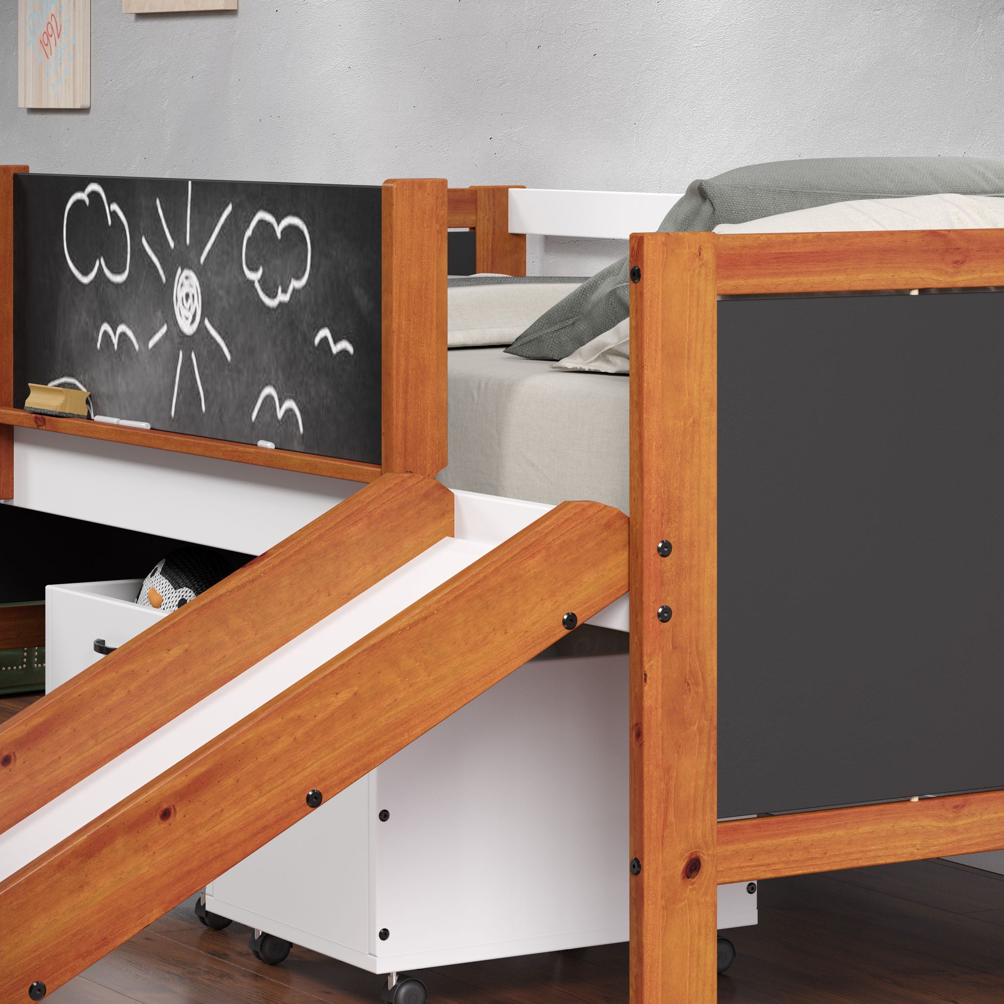 Aurea - Twin Loft Bed With Slide Slats Ststem Included - Cherry Oak / White