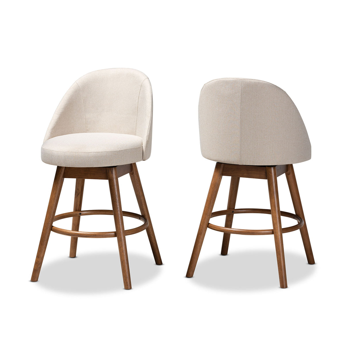 Carra Mid-Century Modern Light Beige Fabric Upholstered Walnut-Finished Wood Swivel Counter Stool Set of 2