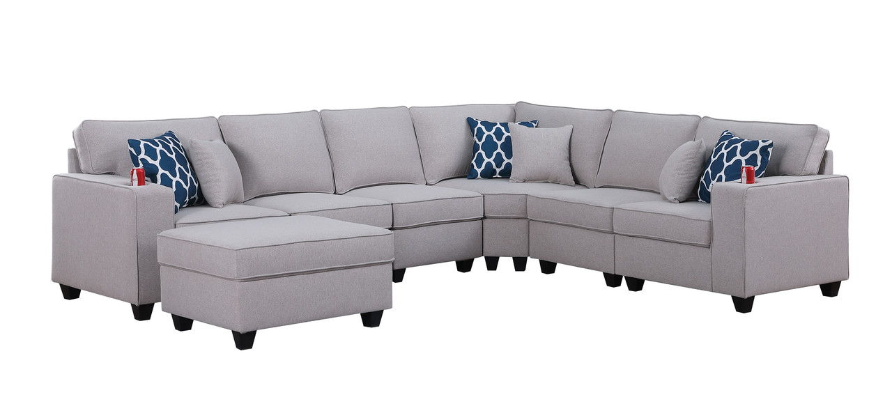 Cooper 125"W Light Gray Linen 7Pc Reversible L-Shape Sectional Sofa with Ottoman and Cupholder