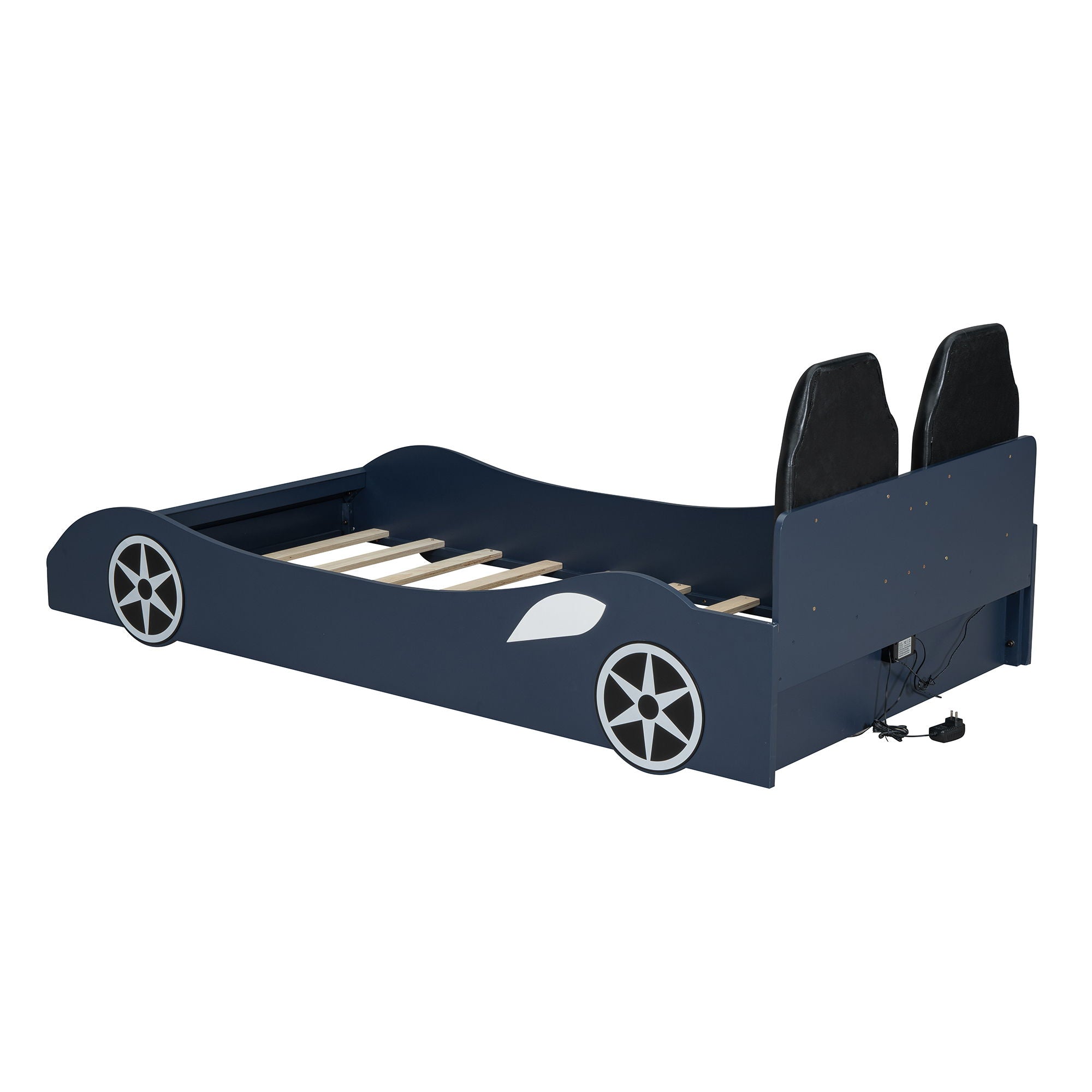 Race Car Shaped Platform Bed With LED And Upholstered Backrest In