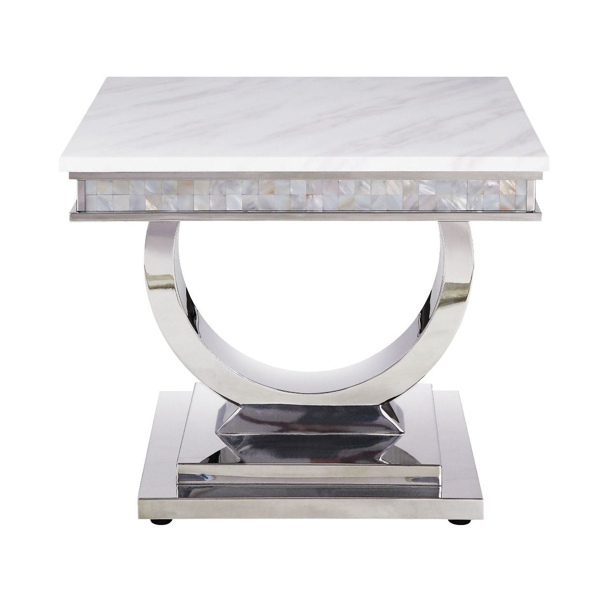 ACME Zander - Console Table - White Printed Faux Marble & Mirrored Silver Finish | Meri Furniture