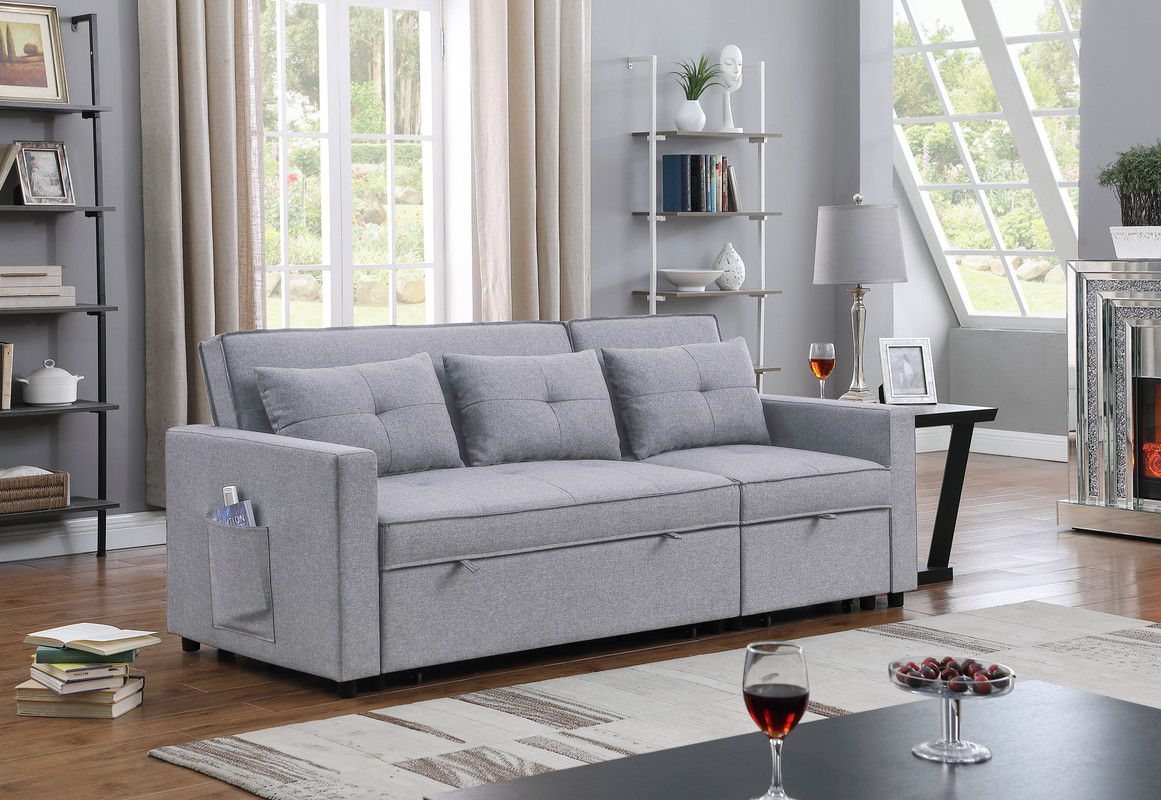 Zoey 79.75"W Light Gray Linen Convertible Sleeper Sofa with Side Pocket