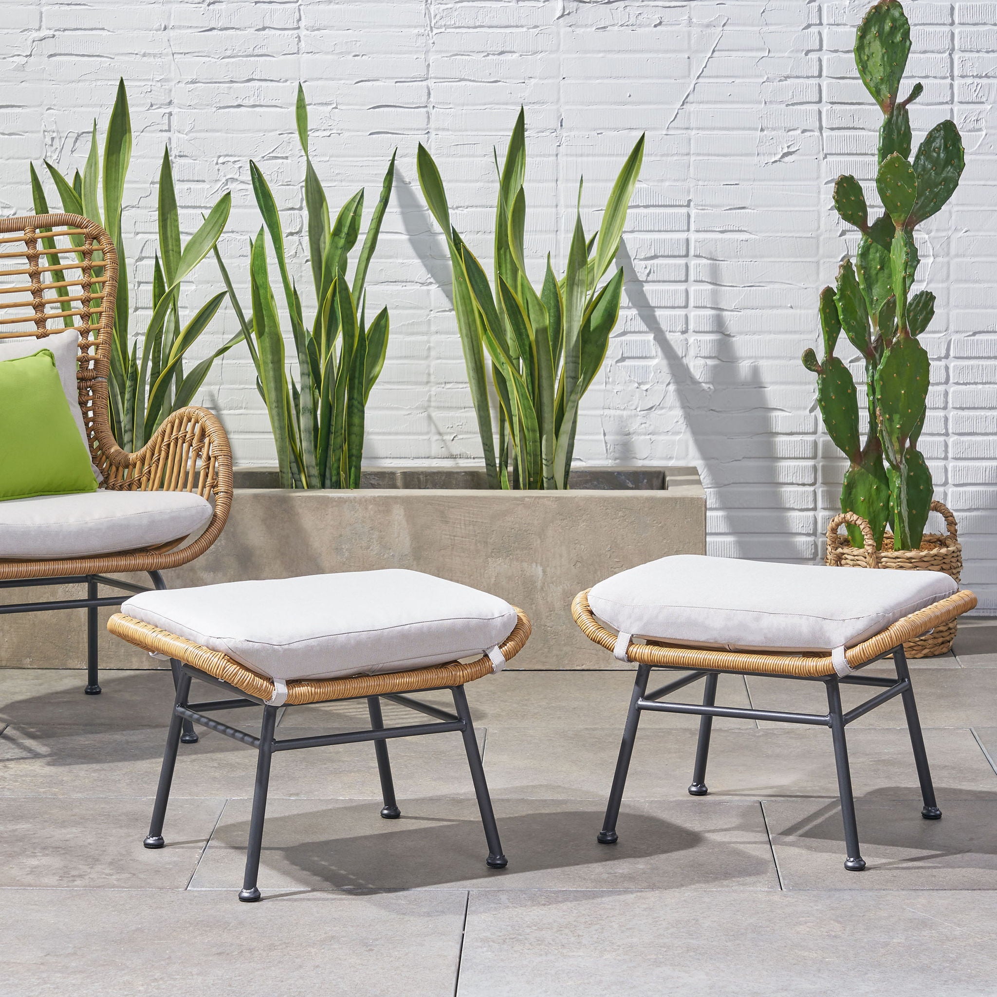 Outdoor Modern Boho Wicker Ottoman With Cushions (Set of 2)