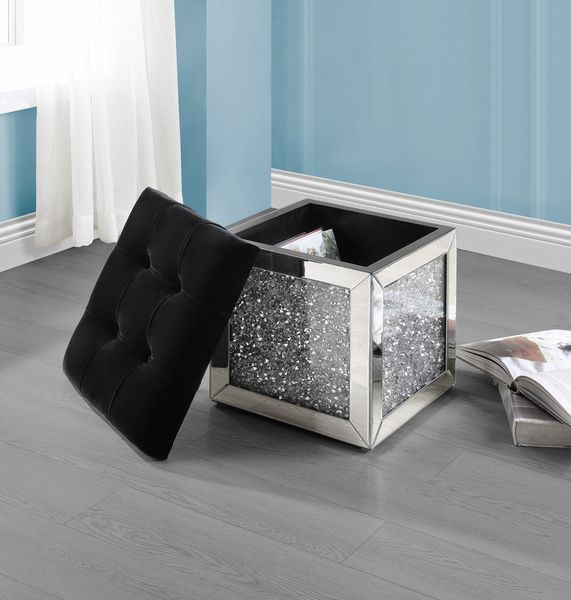 ACME Noralie - Ottoman - Mirrored & Faux Diamonds - 16" | Meri Furniture