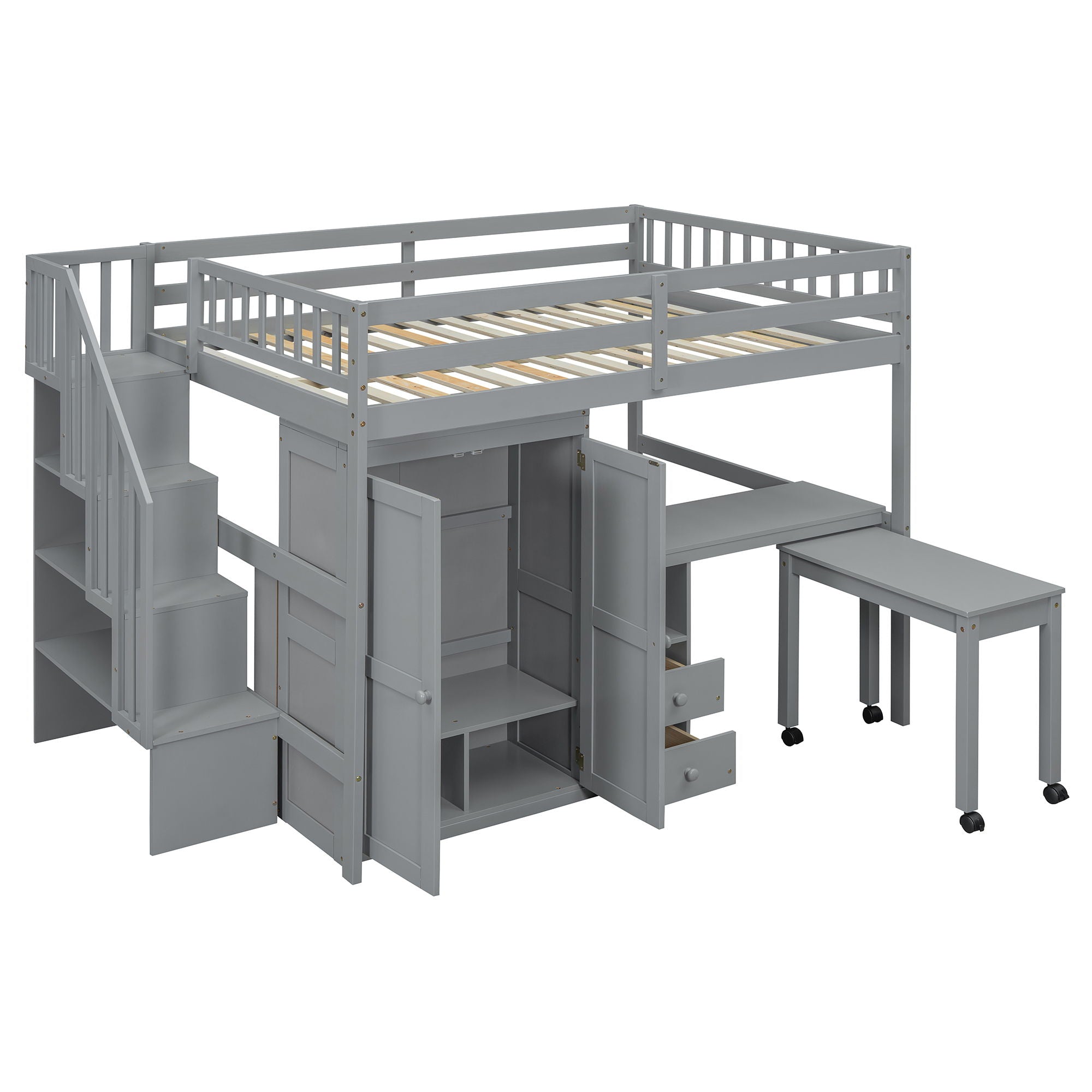 Loft Bed With Stairs, Bookshelf, Drawers, Desk & Wardrobe, Space Saving Multifunctional Furniture