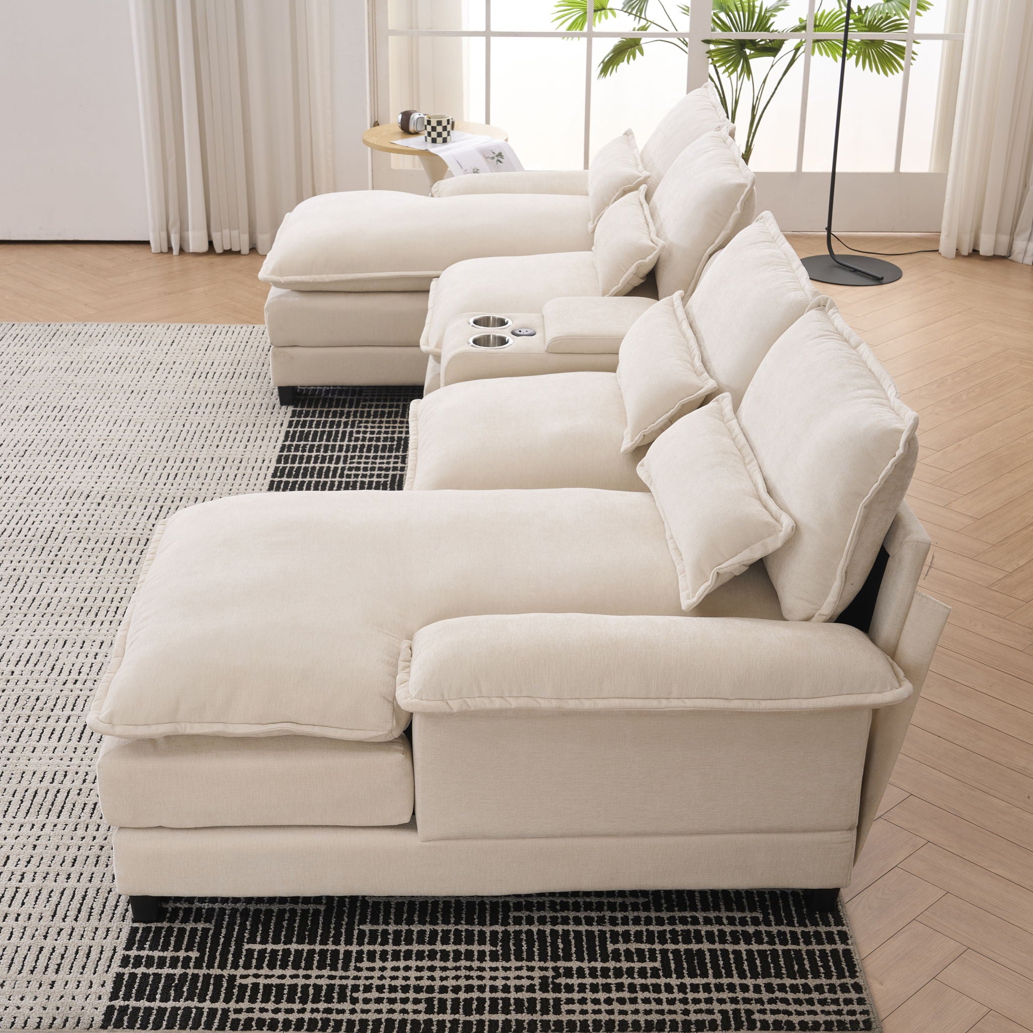 U Shaped Sofa With Console, Cupholders, USB Ports, 6 Seat, Bronzing Suede & Chenille