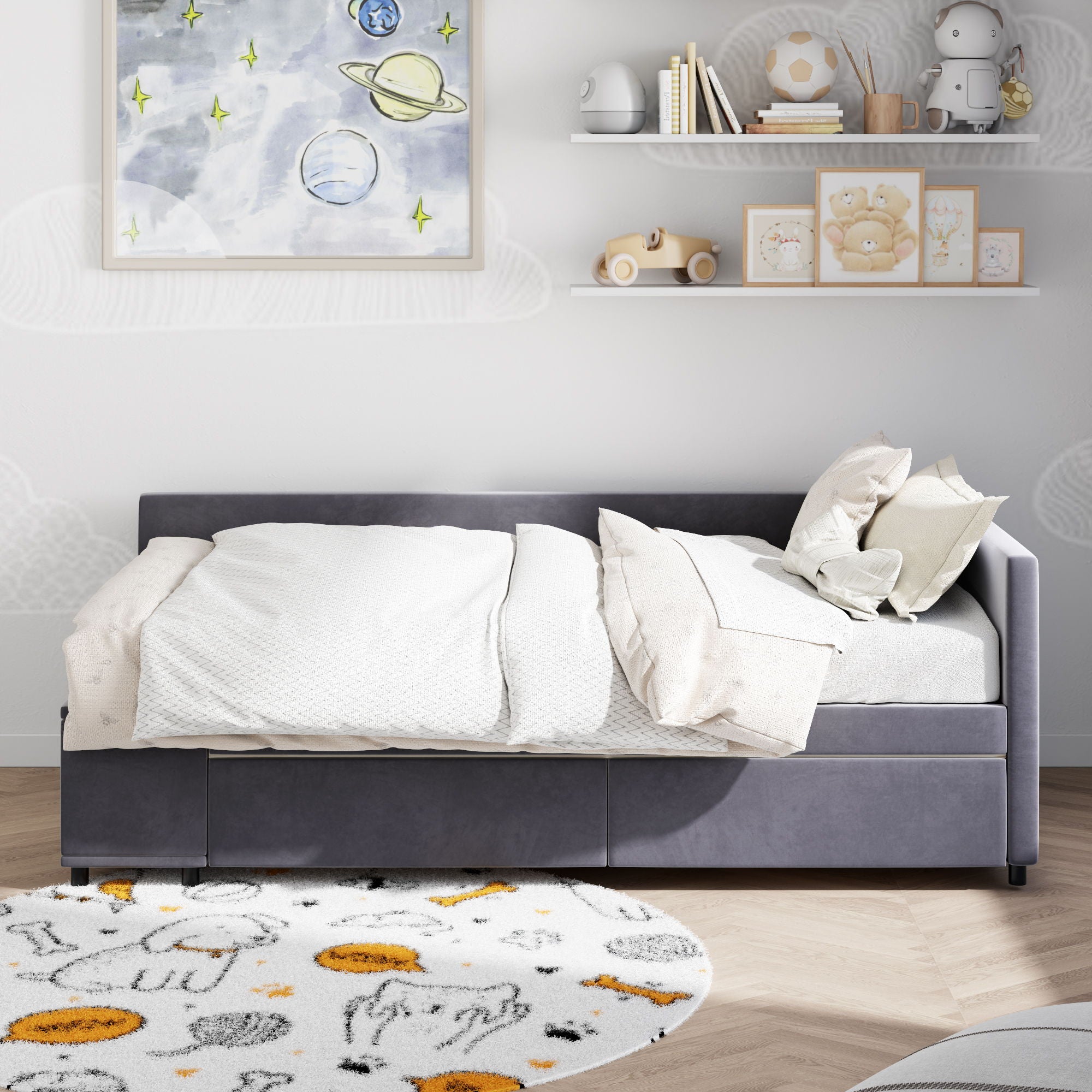 L Shaped Upholstered Platform Bed With Storage And Drawers