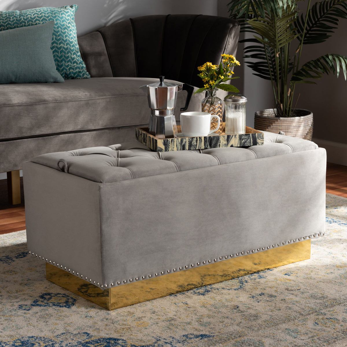 Powell Glam and Luxe Grey Velvet Fabric Upholstered and Gold PU Leather Storage Ottoman