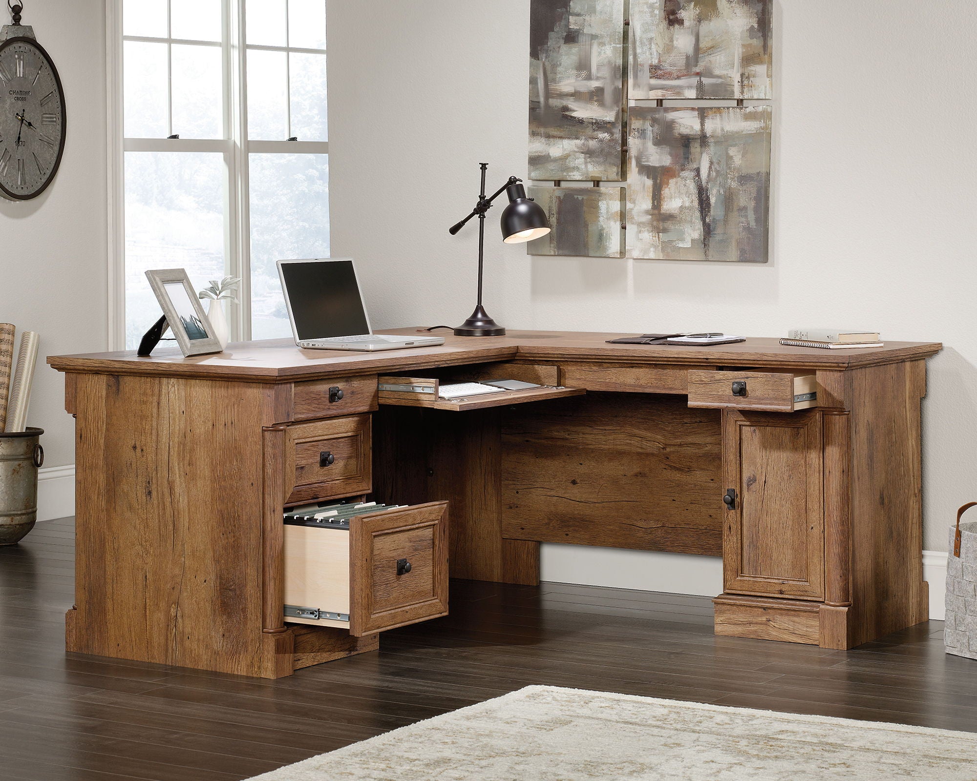 Traditional Style L-Shaped Desk in Vintage Oak
