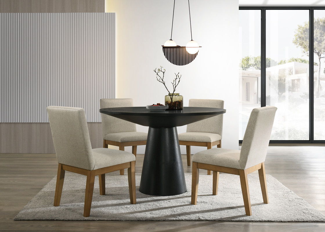 Jasper Ebony Black 5 Piece 47" Contemporary Round Dining Table Set with Pedestal Base and Beige Fabric Chairs
