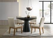 Jasper Ebony Black 5 Piece 47" Contemporary Round Dining Table Set with Pedestal Base and Beige Fabric Chairs