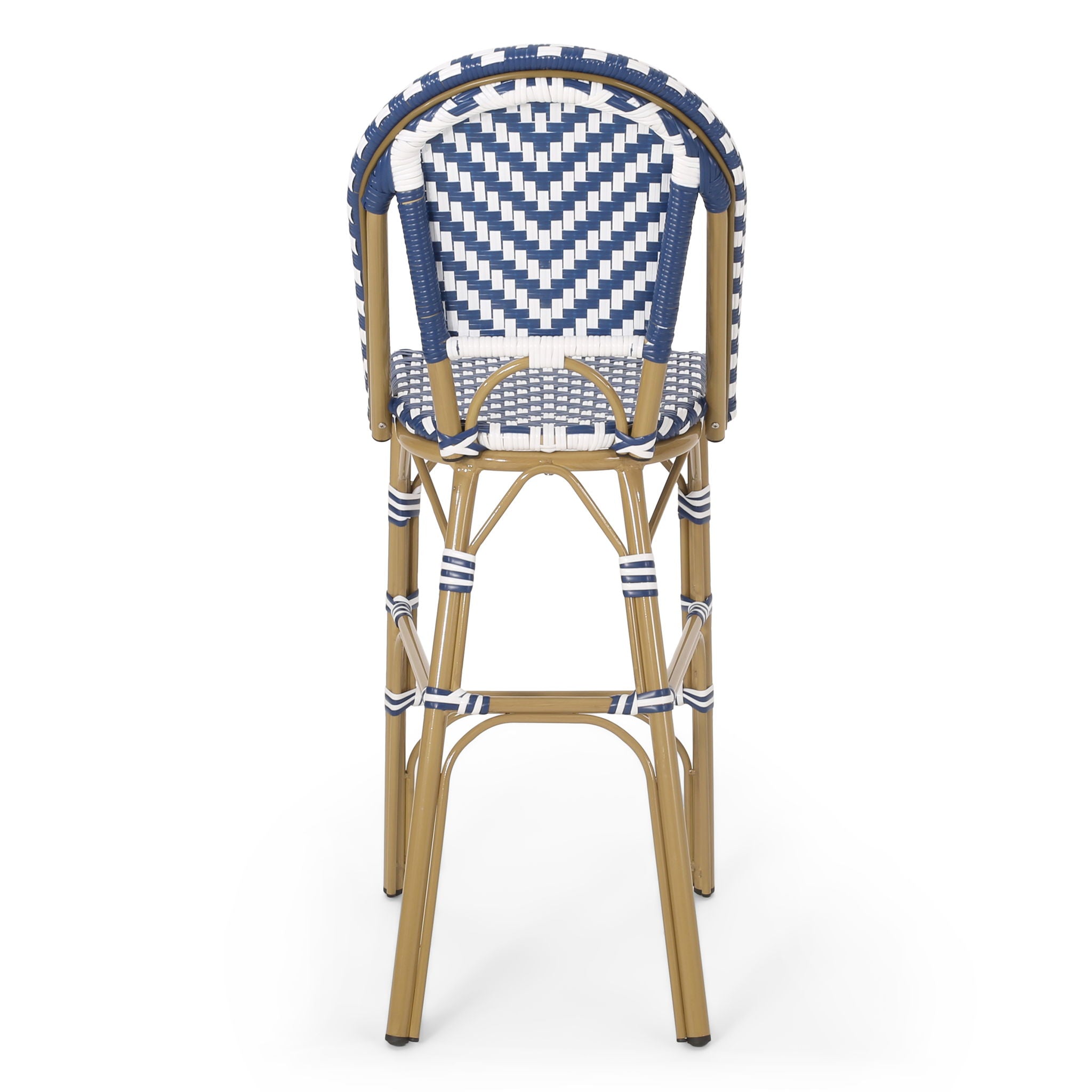 Outdoor Rattan French Barstool Set,, Bamboo, Seat Height - Navy Blue / White