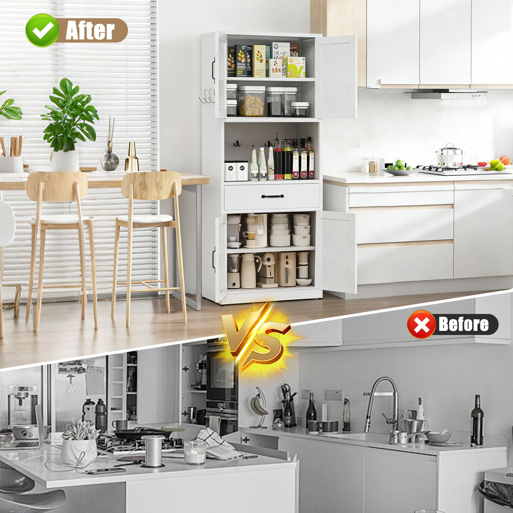 Kitchen Pantry Cabinet With Adjustable Shelves, Drawers, Hooks And Large Countertop - White