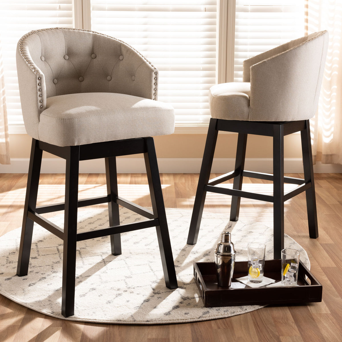 Theron Transitional Light Beige Fabric Upholstered Wood Swivel Bar Stool Set of 2