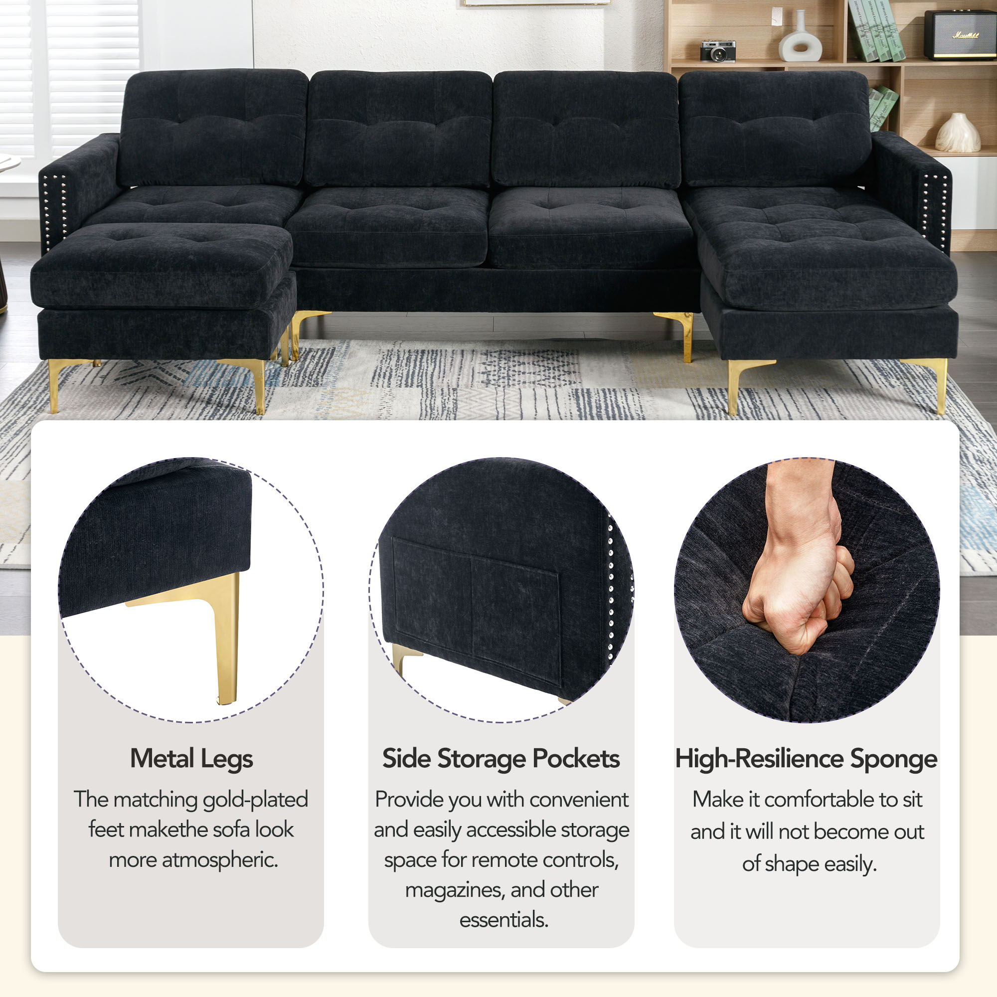Modern L - Shape Convertible Sectional Sofa With Movable Ottoman