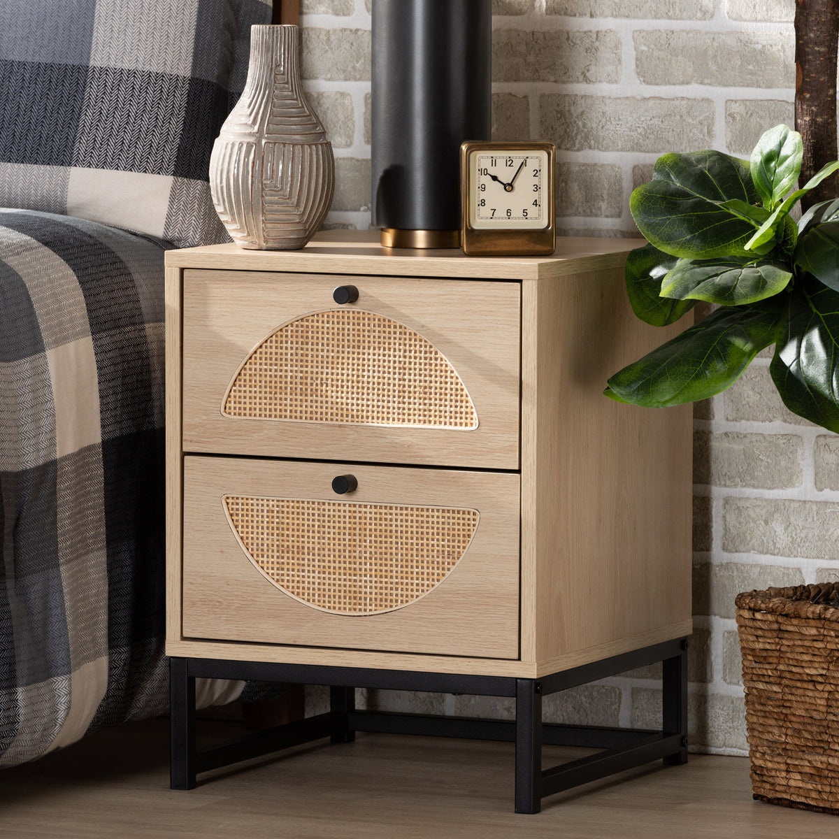 Ardon Bohemian Light Brown Finished Wood and Black Metal 2-Drawer End Table with Natural Rattan