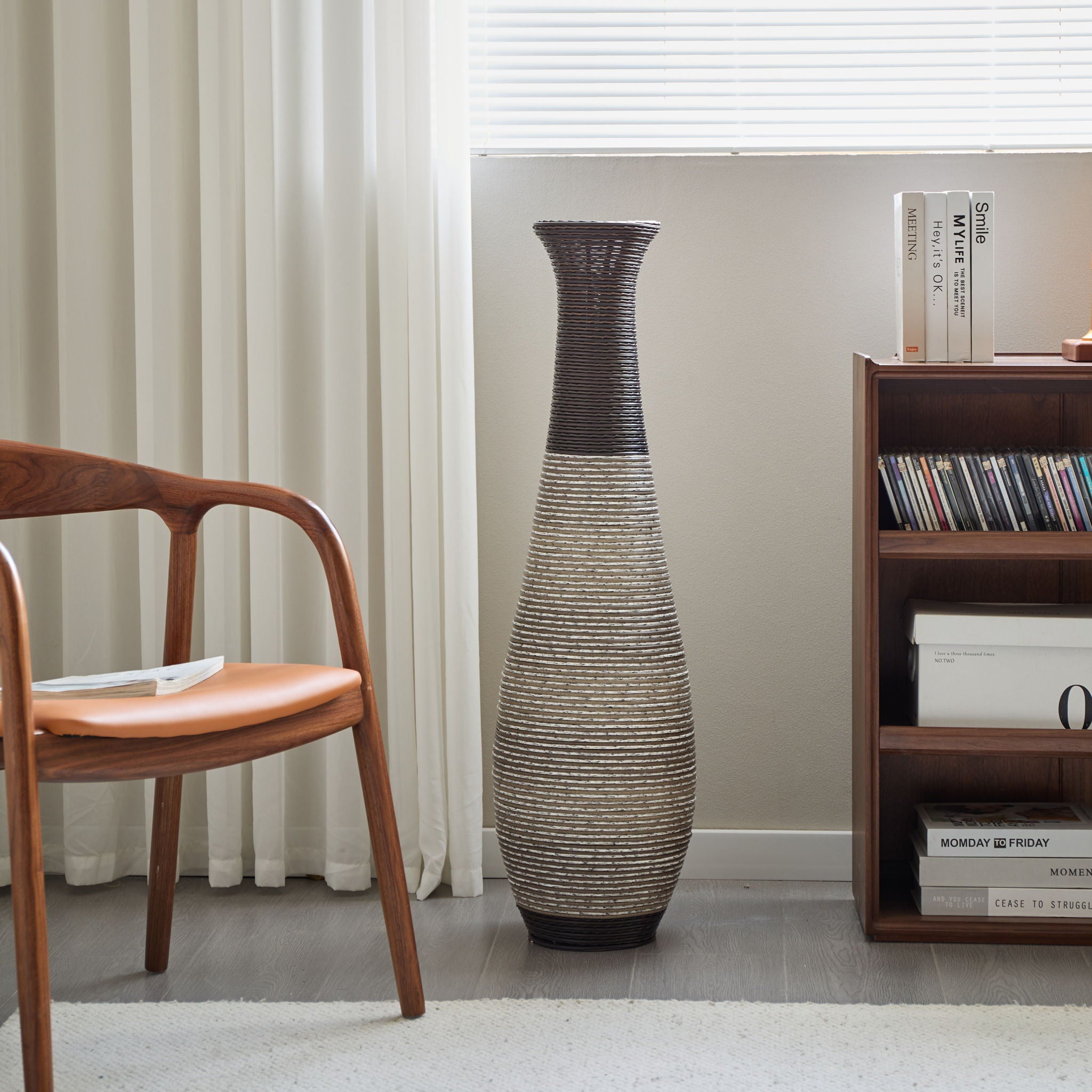 Tall Standing Designer Floor Vase Durable Artificial Rattan Elegant 2 Tone Finish Ideal Decor Accent For Living Room, Bedroom, Entryway Stylish Home Decor Statement Piece - Black / Gray