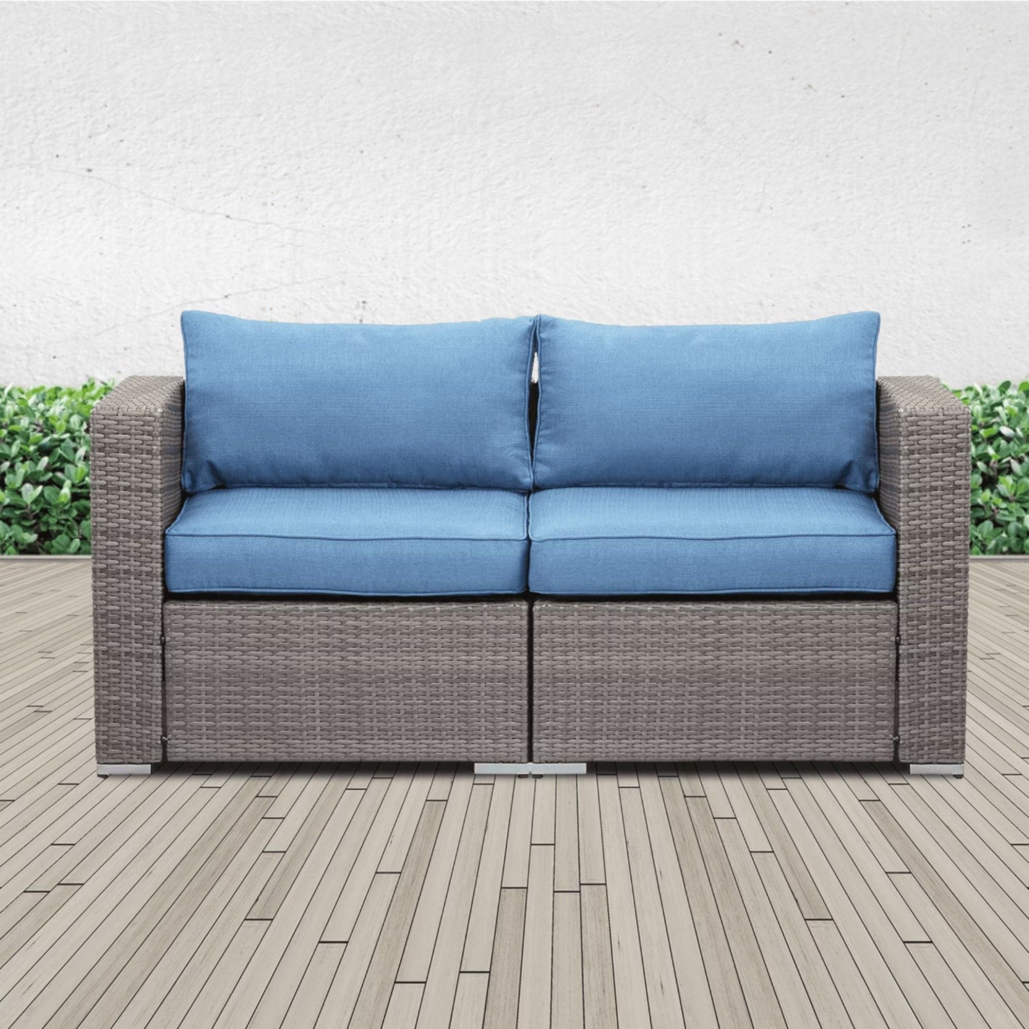 2 Piece Patio Loveseat Set With Thick Cushions, Outdoor Sectional Sofa For Balcony - Blue / Brown