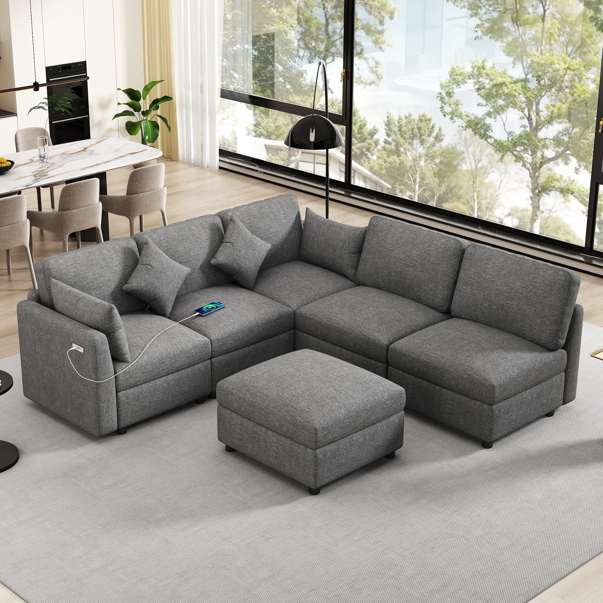 Sectional Sofa Modular U-Shaped With Ottoman & USB Ports