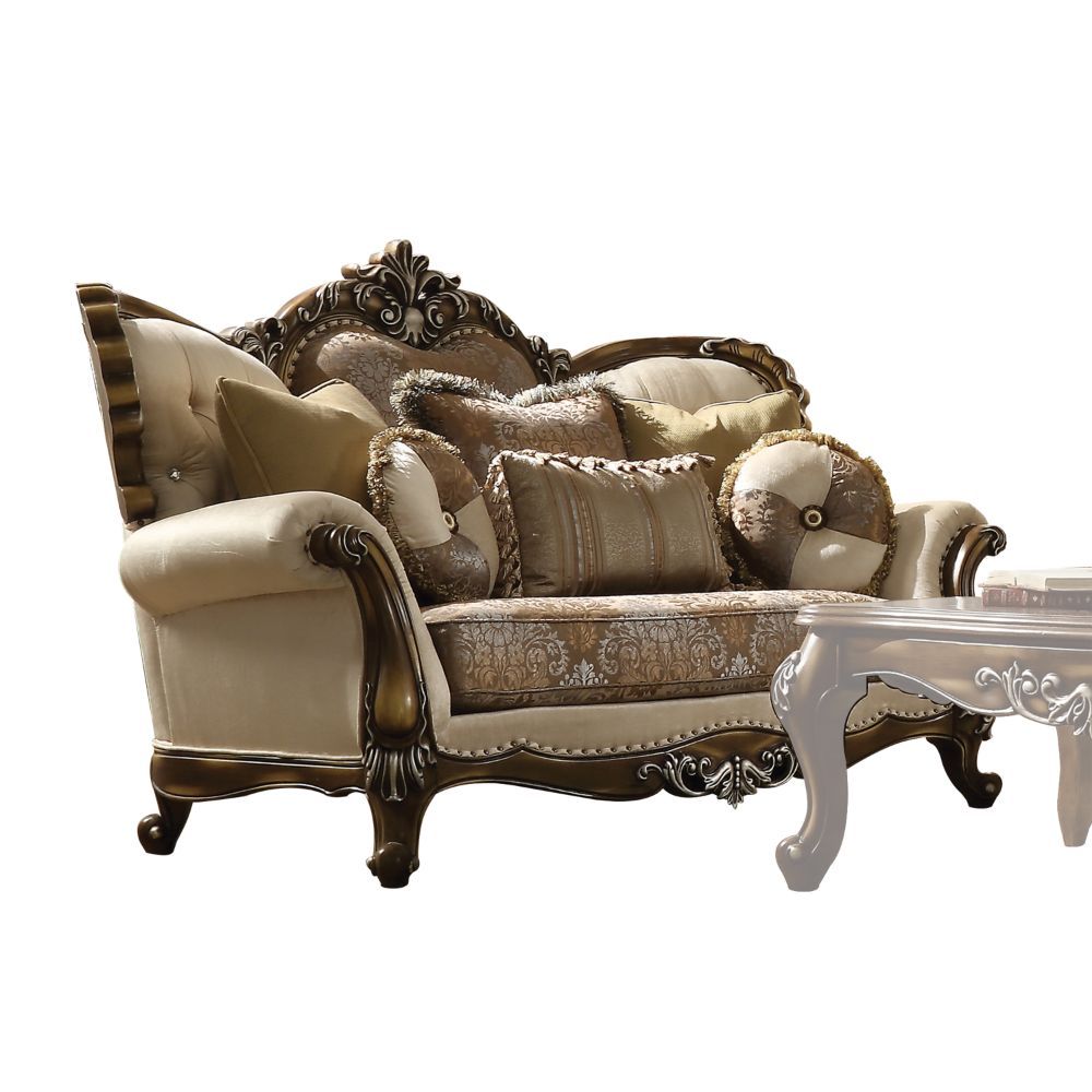 ACME Latisha - Loveseat - Tan, Pattern Fabric & Antique Oak | Meri Furniture