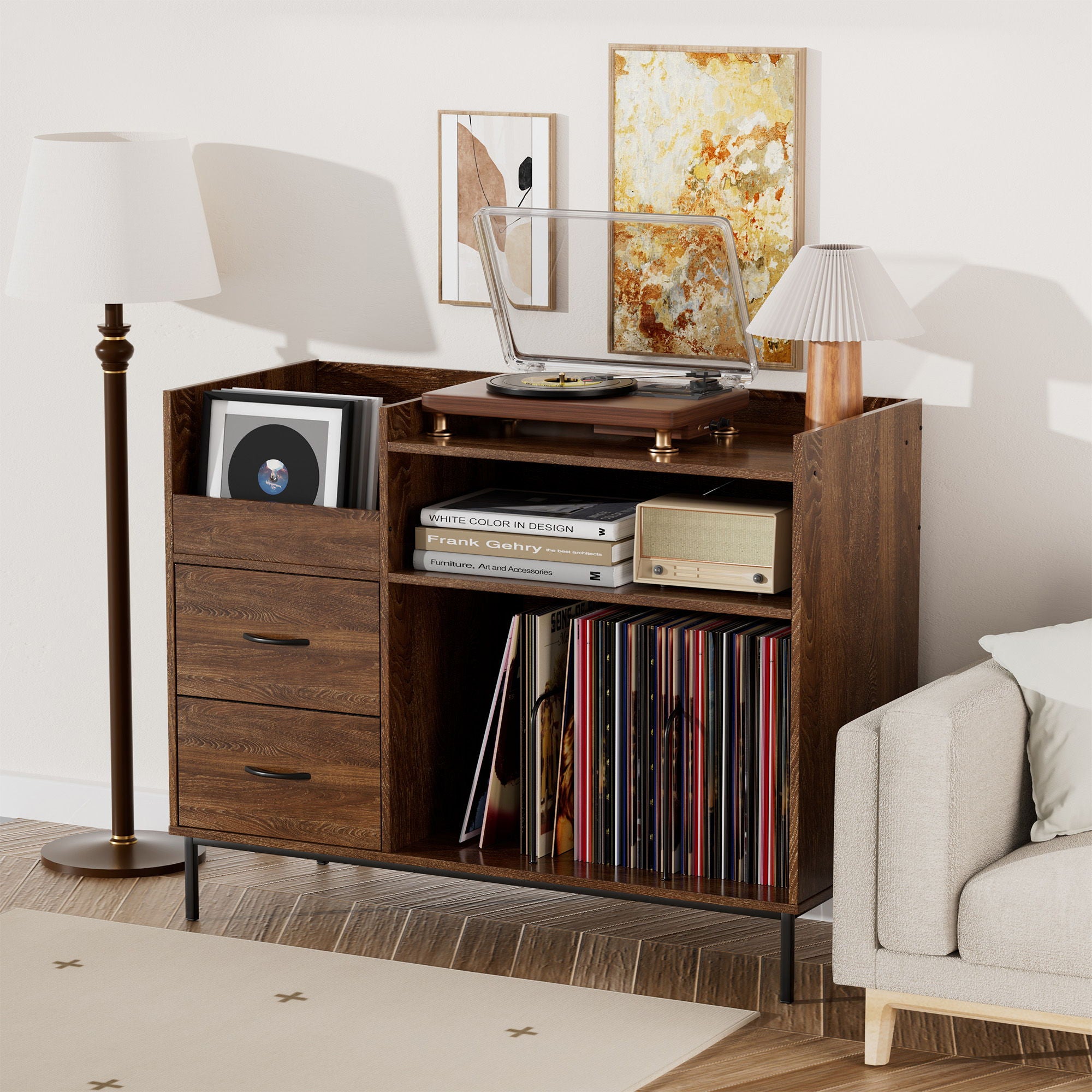 Grain Record Player Stand, Media Console With Speaker Shelf & 2 Drawers