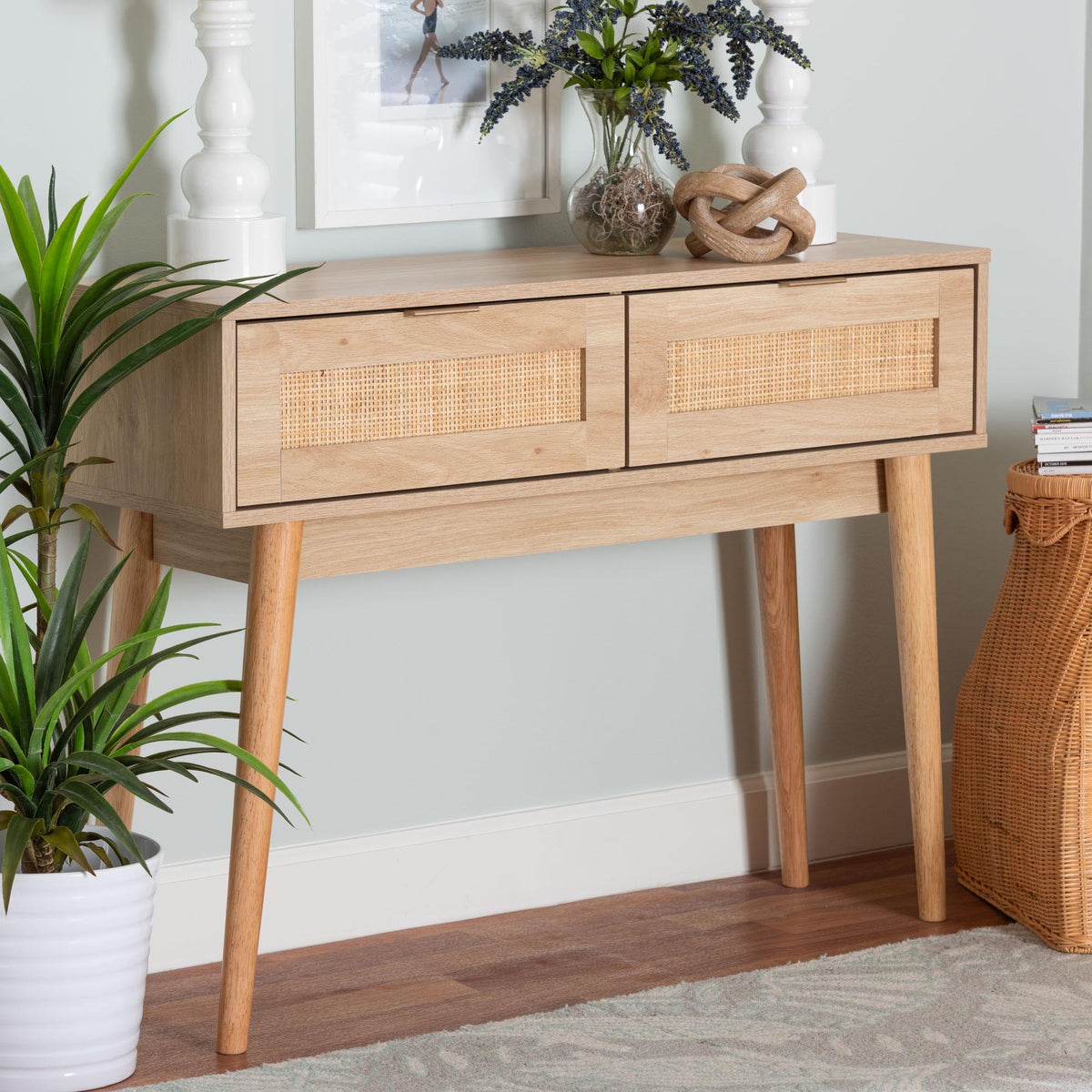 Baird Mid-Century Modern Light Oak Brown Finished Wood and Rattan 2-Drawer Console Table